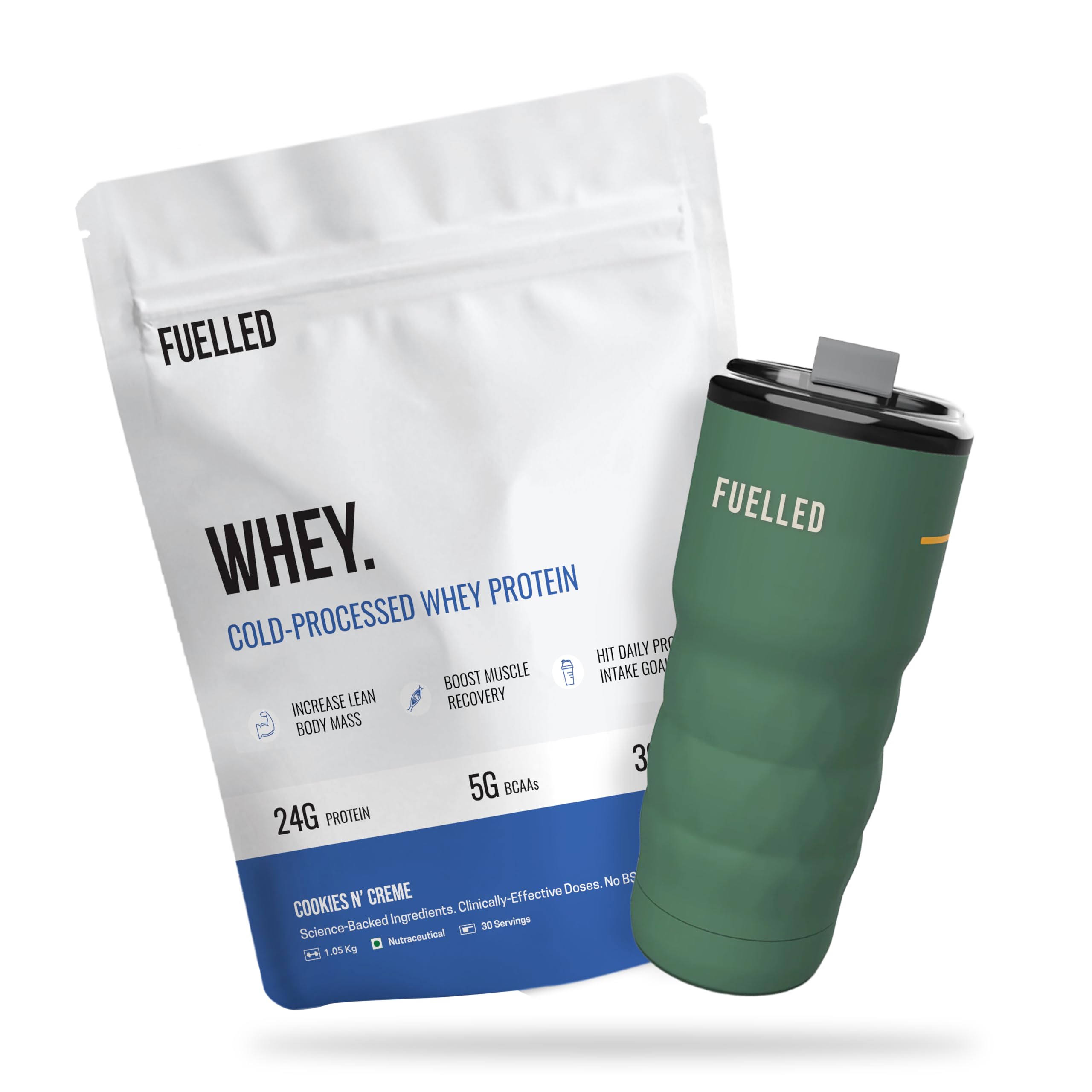 Fuelled Whey Protein Powder Concentrate & Isolate with 24 g Protein, 5 g BCAA (3 kg, 90 Servings) Lab Tested with Premium Metallic Shaker (Cookies N Creme)