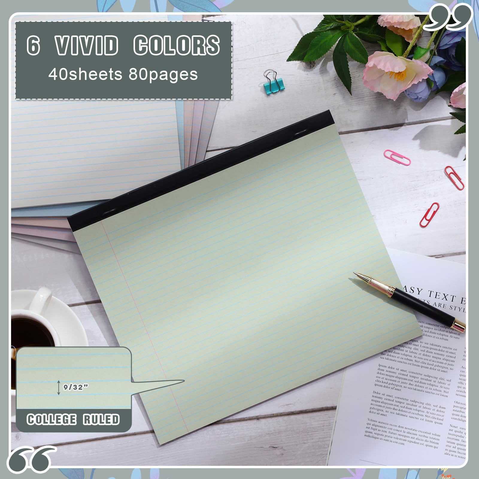 Lincia Notizblock, liniert, Querformat, horizontal, liniert, 80 g/m², verschiedene Farben, Papier, Pastell-Schreibblöcke für Schule, Büro, 40 Blatt (süße Farbe, 6 Blöcke)