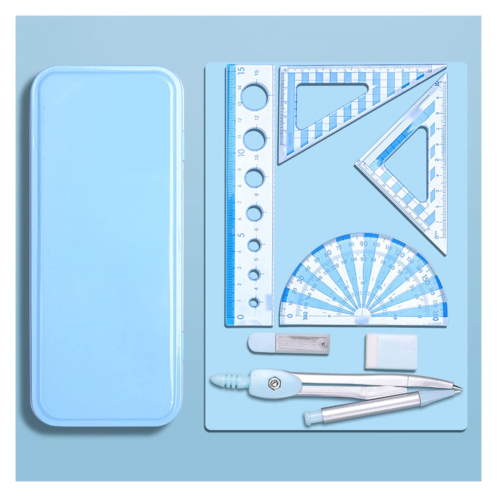 Winkelmesser- und Zirkel-Set, Kompass, Winkelmesser-Set, Kompass, Schul-Mathe-Kompass und Winkelmesser, Geometrie-Set, 7-teilig, Mathematik-Kompass(Blue)