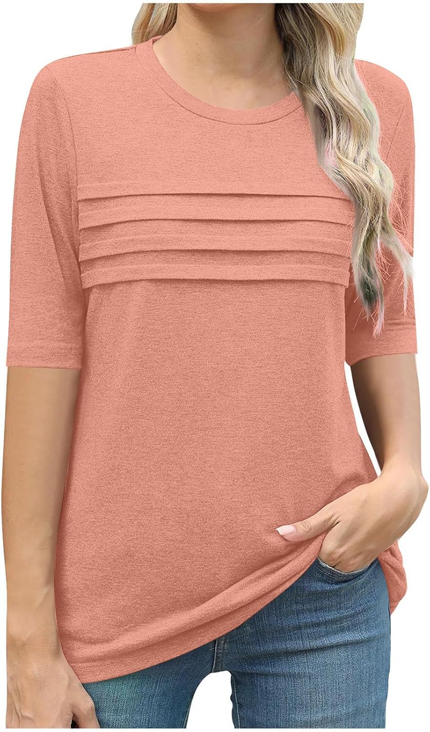 3/4 Length Sleeve Tops for Womens Round Neck Pleated Front Shirts Loose Casual Tunic Top Trendy Dressy Tshirt