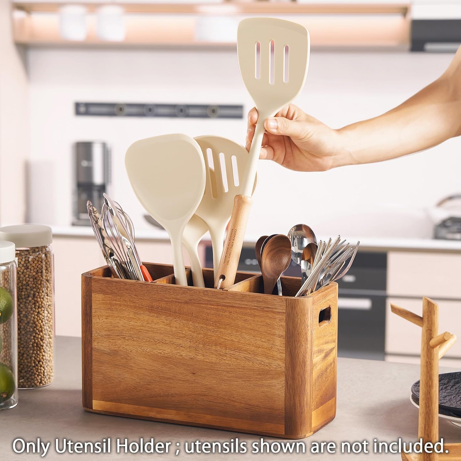 12" Wooden Kitchen Utensil Holder, Extra Large Acacia Wood Organizer for Cooking Tools, Utensils & Cutlery Storage – 3-Compartment Countertop Holder