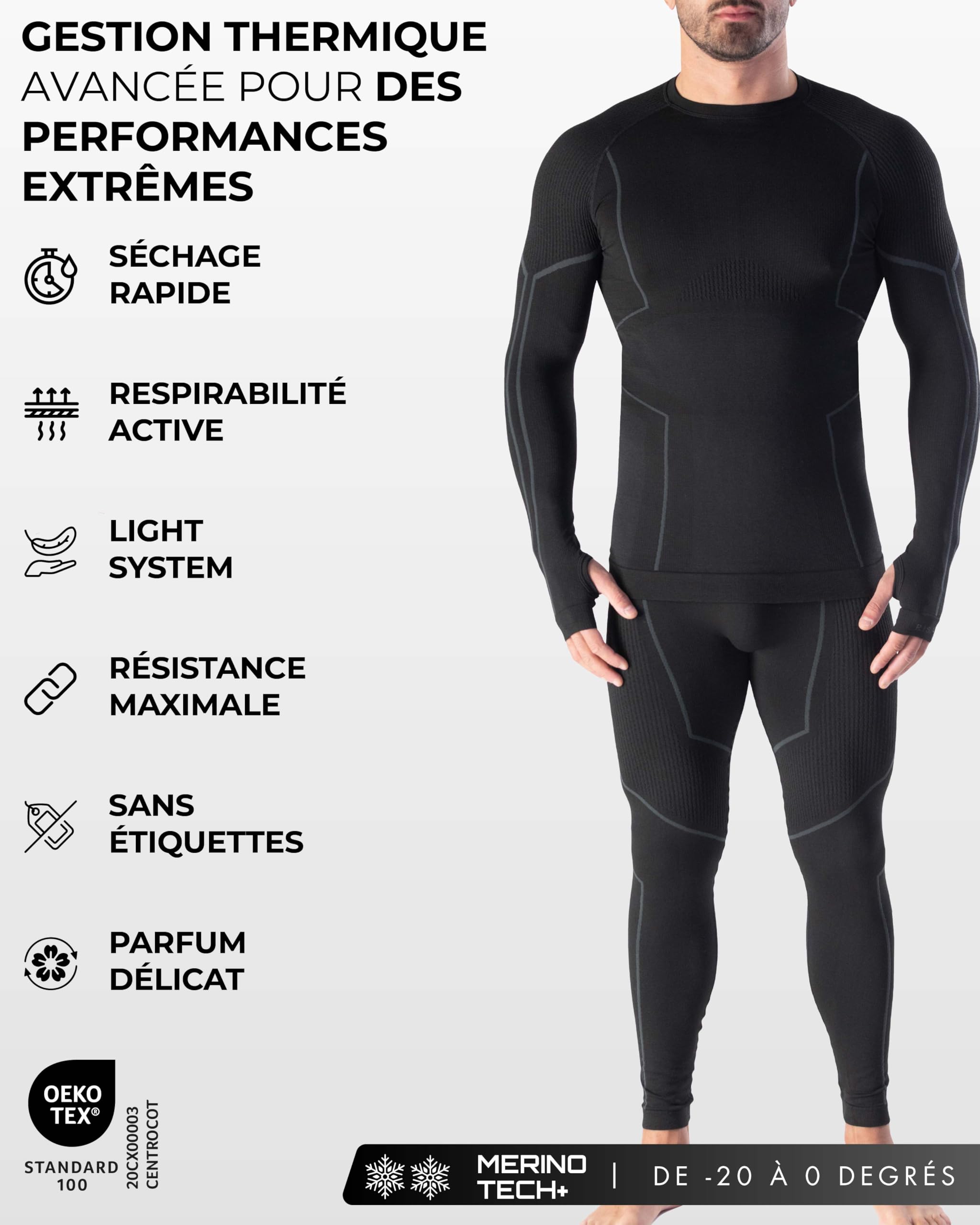 Risalti Maillot thermique homme à manches longues Merino Tech – Maillot thermique pour homme à compression en laine mérinos, sous-vêtements thermiques pour homme d'hiver et sans couture – Fabriqué en