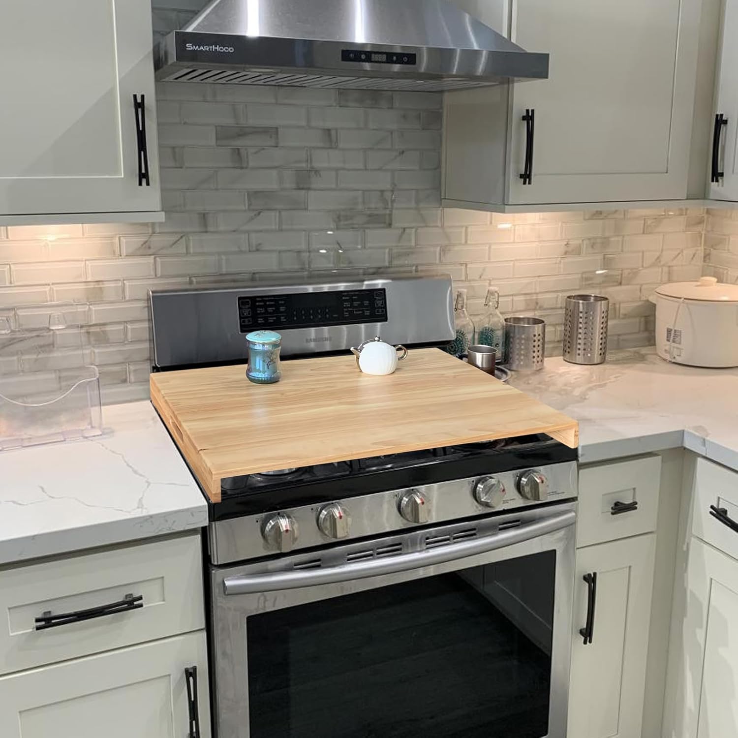 Rubberwood Multi-Use Anti-Warp Stove Cover & Countertop Protector with Handles, Splinter-Free Heat-Resistant Surface for Meal Prep & Decor, Natural (Fits Electric/Gas Stoves, 29.92” x 21.65”) Natural Wood