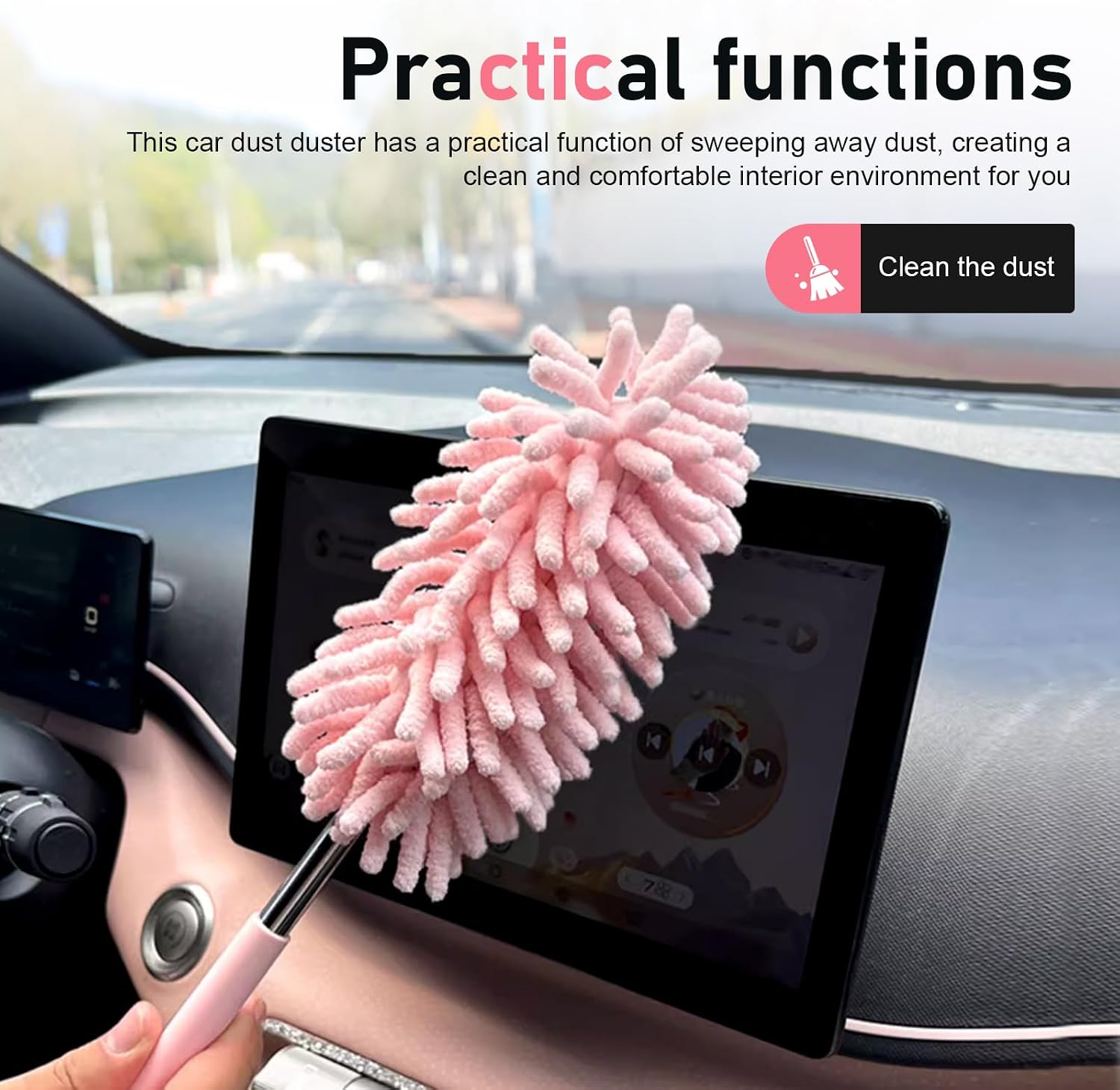Car Interior Duster with Stainless Steel Telescopic Extension Pole - Bendable Microfiber Head, Scratch Free Multi-Functional Cleaning Tool for Vehicle Interior & Exterior, Offices, Windows
