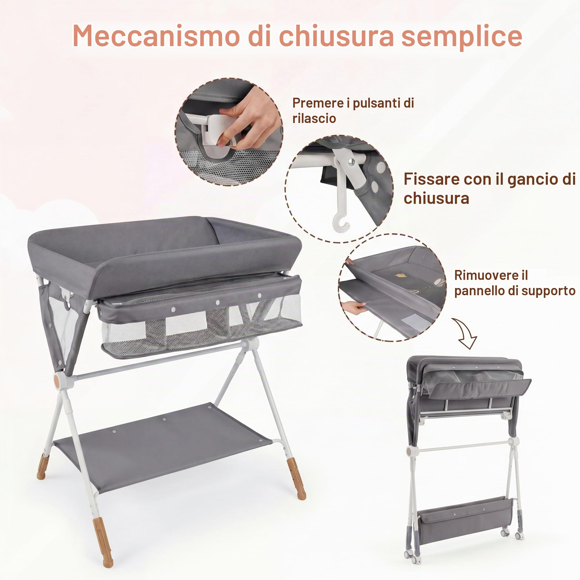 LIFEZEAL Fasciatoio Neonato, con Cestino Portaoggetti, Cintura di Sicurezza e Ruote, Regolabile in Altezza con Cesto Portaoggetti, per Bambini 0-12 Mesi, Portata 11 kg (grigio)