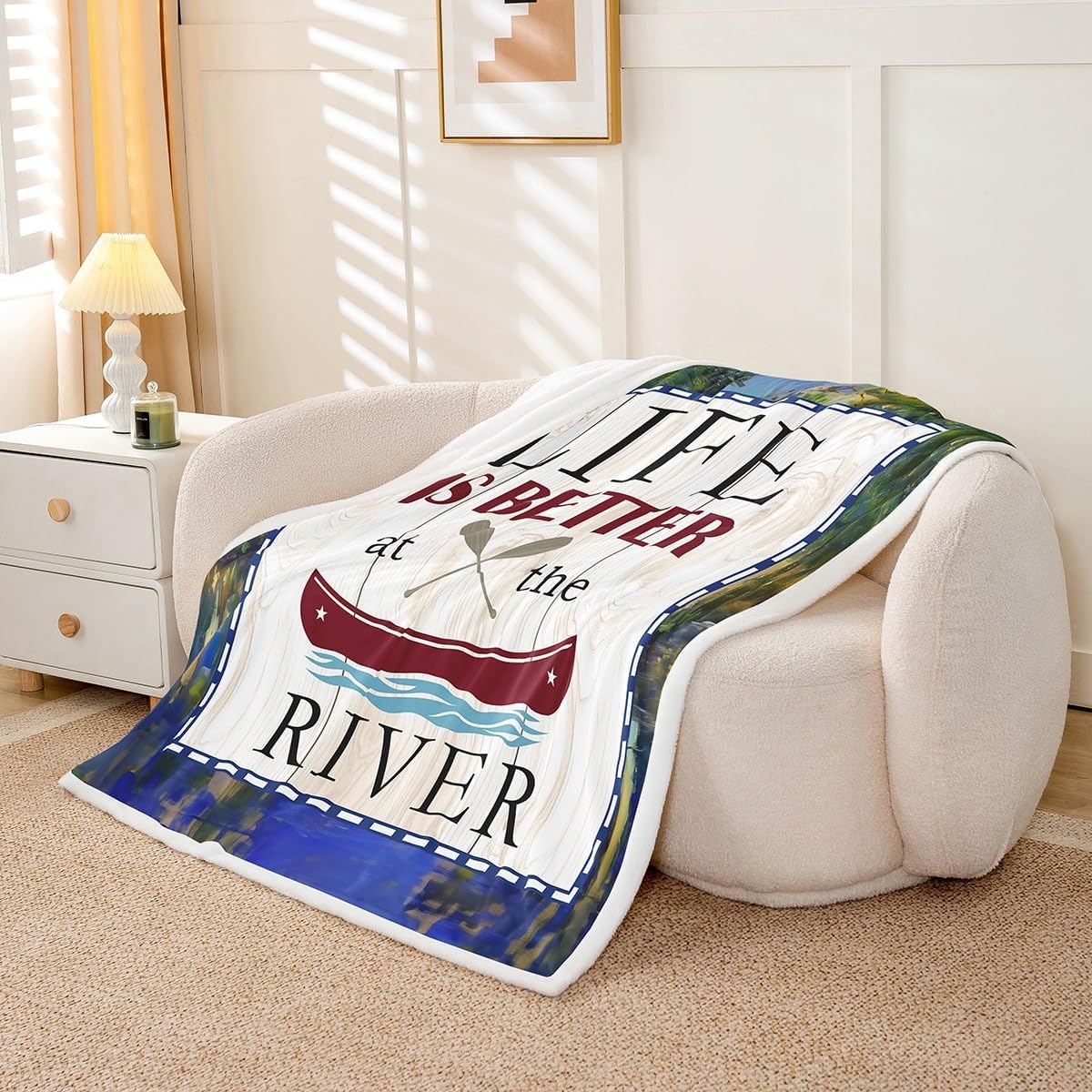 Castle Fairy River Life Plush Blanket,River Boating Paddle Oars Print Bed Blanket Home Decor Gift,Lake Art Scenery Oil Painting Modern Style Fuzzy Blanket Office Chair, X Size (40 x 50 Inch)