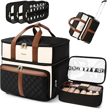 Rolling Makeup Case with 4 Removable Clear Bags, Cosmetology Case on Wheels with Stain-Resistant Clear Lid, Professional Rolling Makeup Train Case, Large Makeup Artist Bag with Wheels, Beige Brown