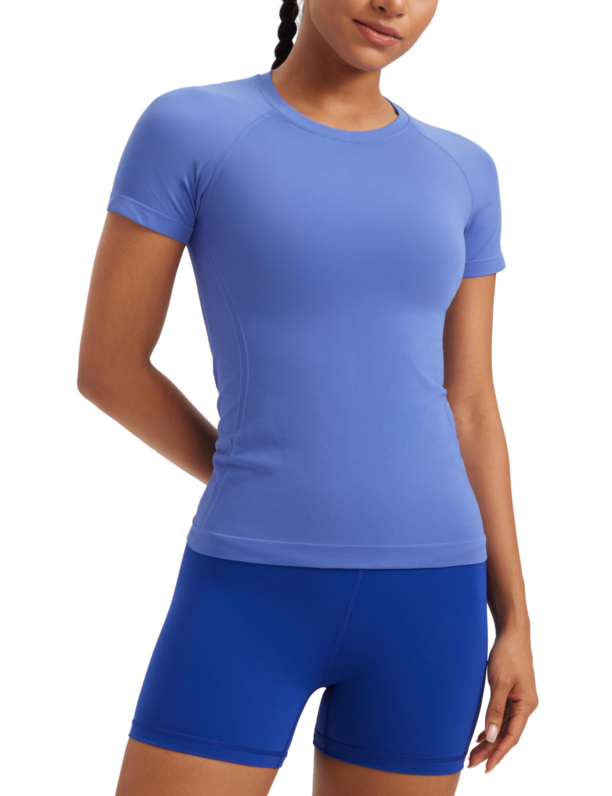 CRZ YOGA Seamless Workout Tops for Women Hip Length - Athletic Running Gym Yoga Short Sleeve Shirts Breathable
