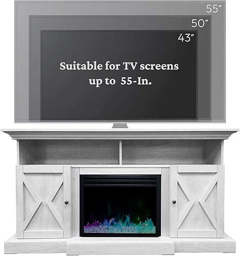 Miniatura 9 de Cambridge Summit CAM6215-1WHTCRS - Soporte de TV eléctrico estilo granja con control remoto, inserto de cristal profundo mejorado con luces LED que