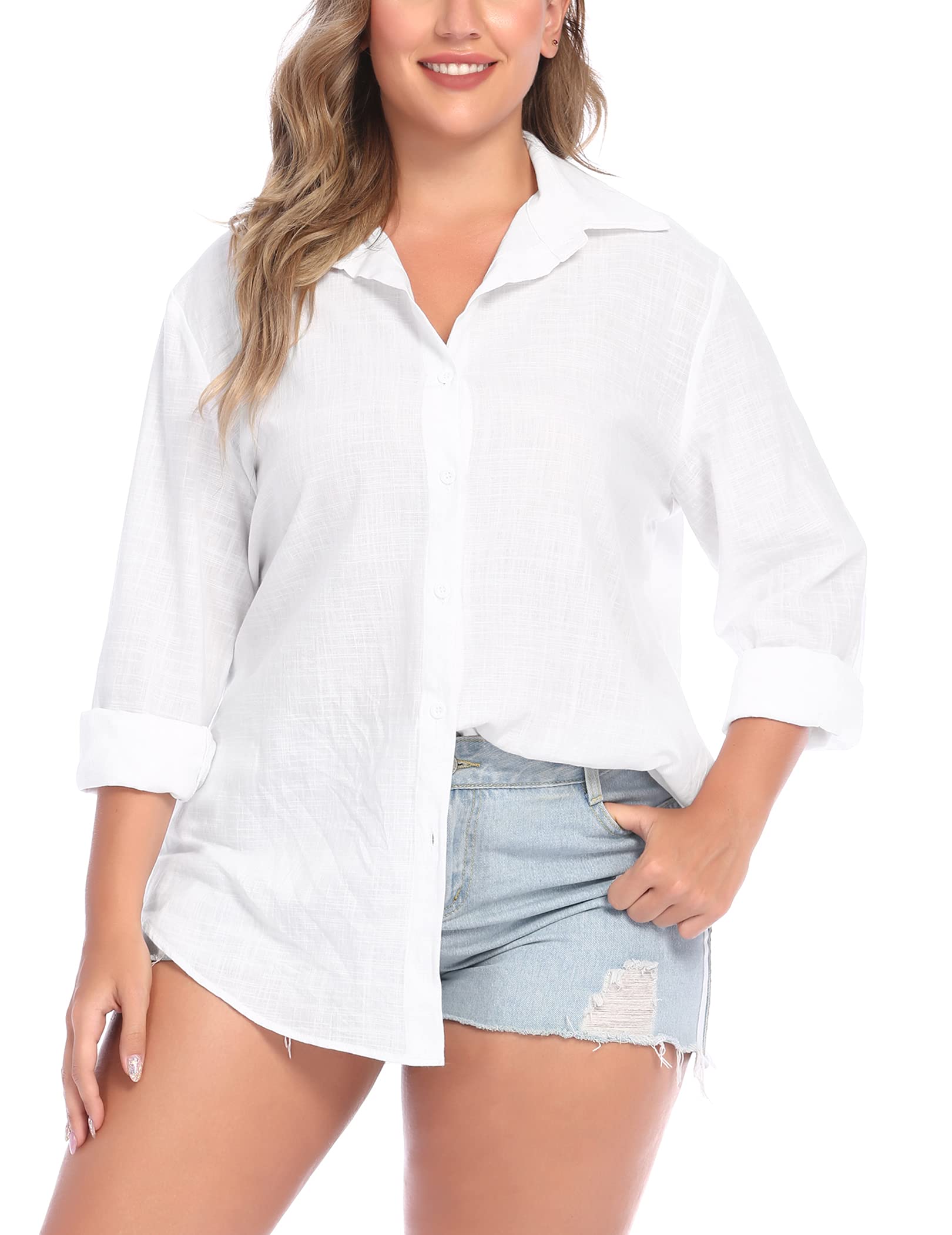 IN'VOLANDWomens Plus Size Button Down Shirt Linen Collared Shirt Long Sleeve Cotton Button Front Shirt Work Blouse Tops