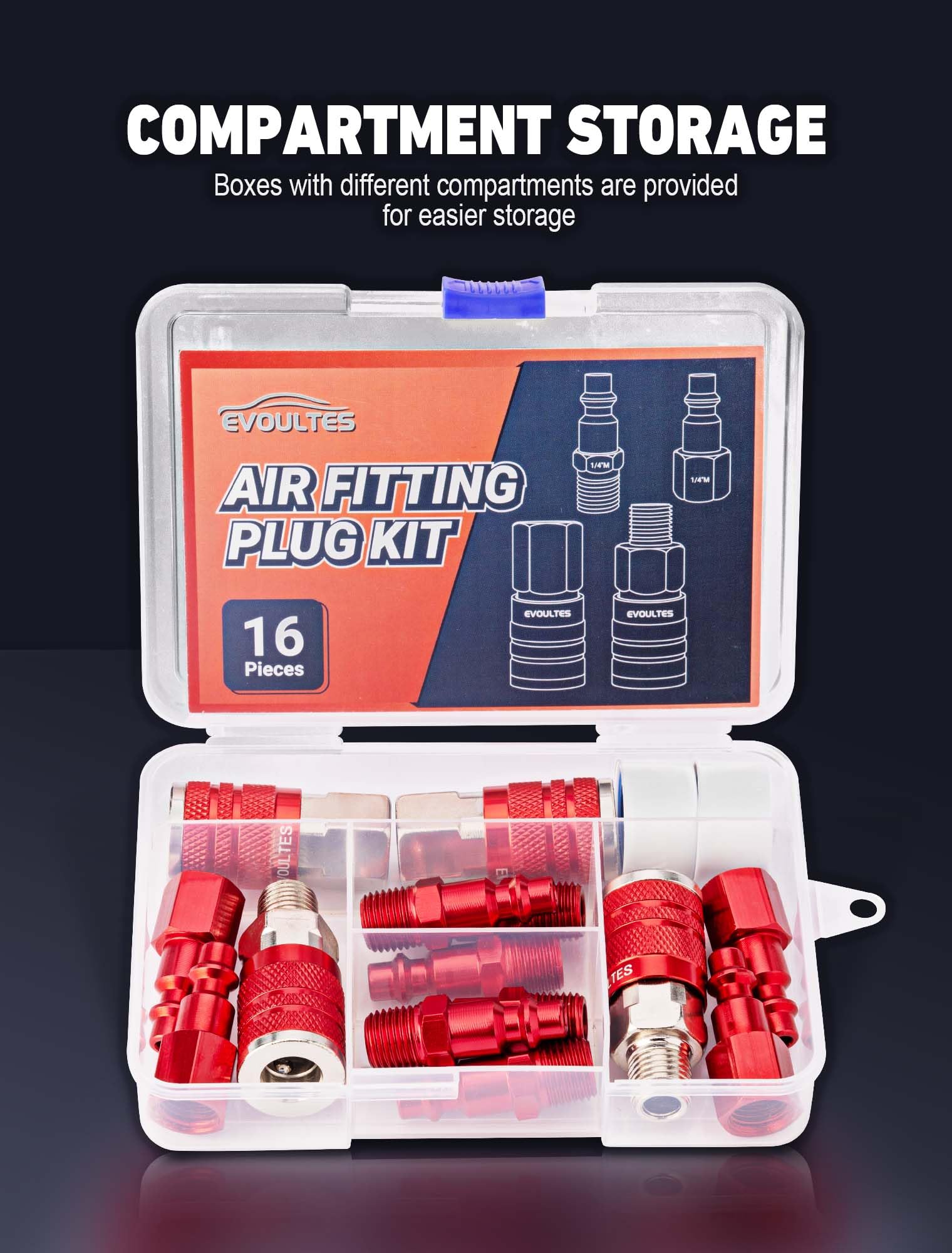 EVOULTES 16 piezas de accesorios universales de manguera de aire NPT de 1/4 pulgadas y kit de acoplador de aire, kit de accesorios de aire de aluminio ligero con enchufe de aire de conexión rápida,