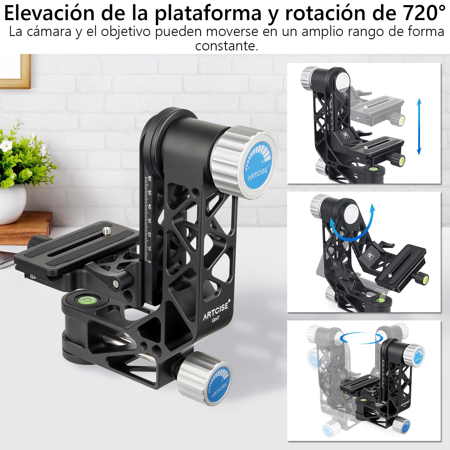 ARTCISE Cabezal de Trípode Gimbal con Mango, GH7 Cabezal Portátil Ligero y Resistente con Placa de Liberación Rápida Estándar 1/4'' y Nivel de Burbuja para Trípode de Cámara DLSR, Carga Máxima 25KG