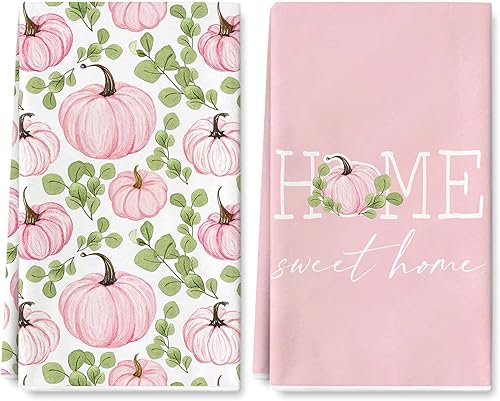 AnyDesign Toalla de cocina de calabaza rosa de 18 x 28 pulgadas, paño de cocina de otoño con diseño de calabaza y hojas de eucalipto, secado a mano,