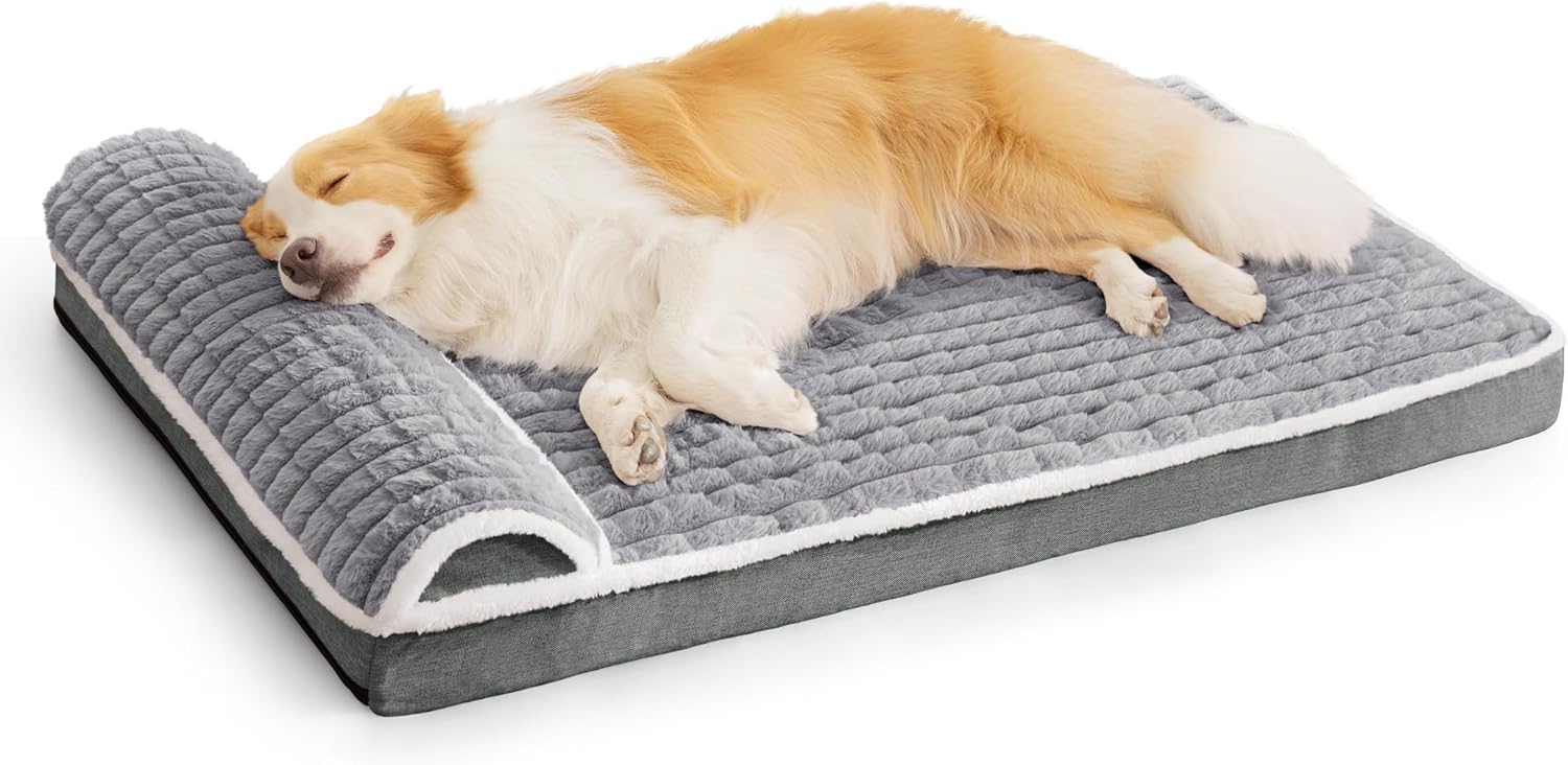 Orthopedic Jumbo Dog Bed Large Sized Dog with Pillow 56''X40'' Waterproof Soft Comfortable Egg Crate Foam Pet Crate Beds Mat with Removable Washable Cover and Non-Slip Bottom, Gray