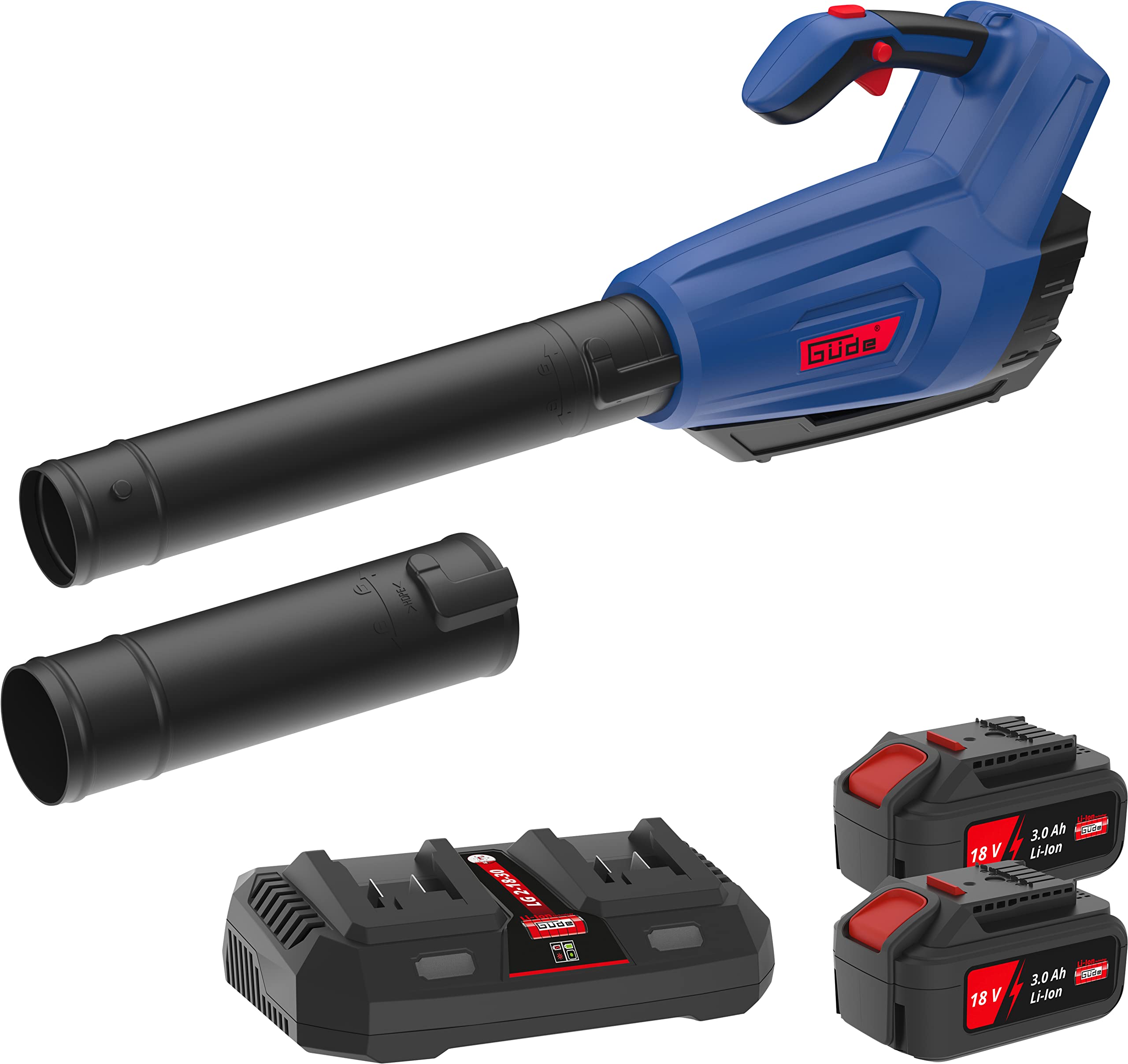 Güde Soplador de Hojas con batería LB 36-302-30 (36 V, Velocidad de soplado 160 km/h, 800 m³/h, botón Turbo, Correa para el Hombro, Tubo de soplado extraíble, Incluye 2 baterías de 18 V de 3,0 Ah y