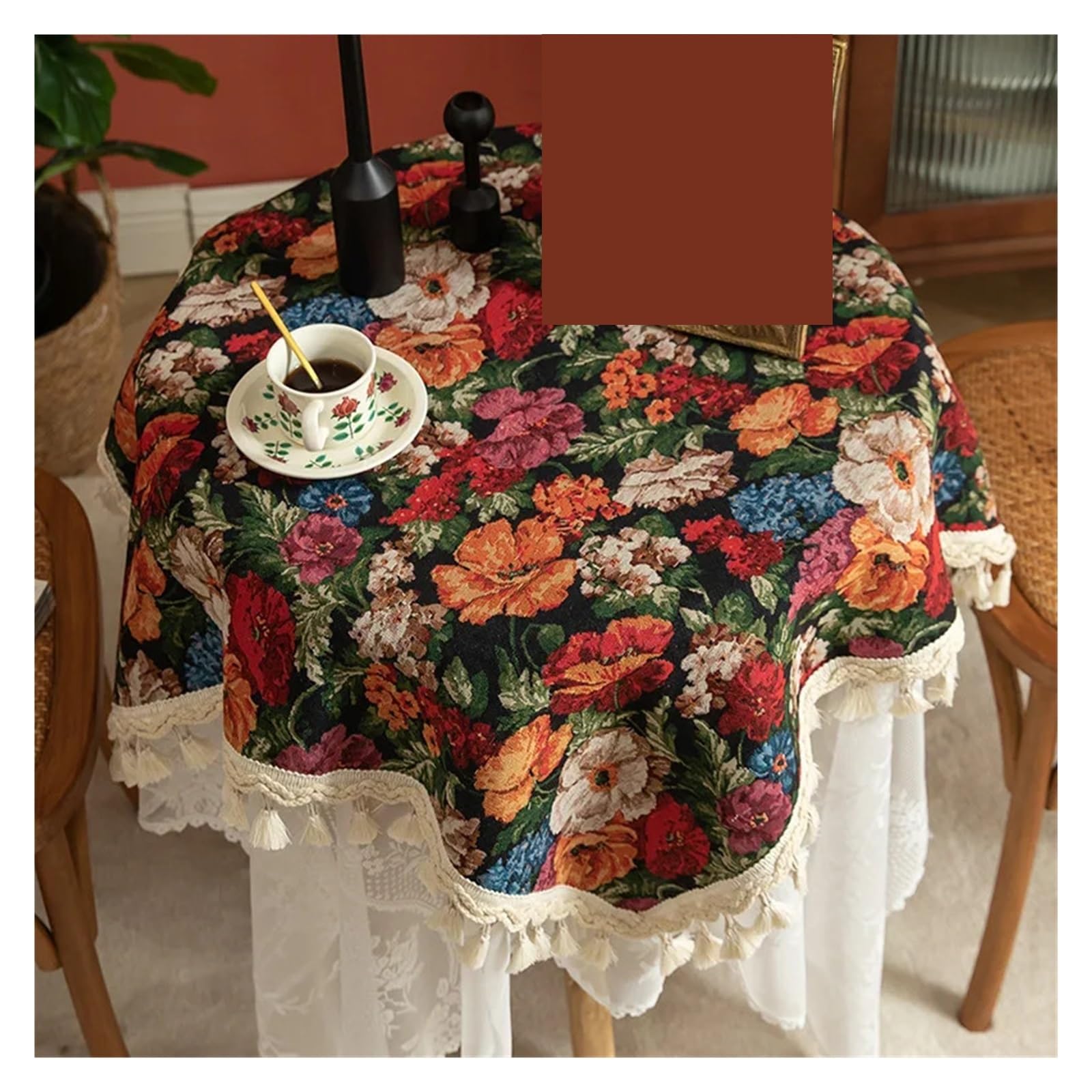 Cigpklo Floral Tablecloth2 Round Table Cloth Jacquard Yarn-Dyed Floral Tablecloth, Retro Round Table Cloth, Tassel Cover Dust-Proof Cabinet Decoration(,90X90cm)