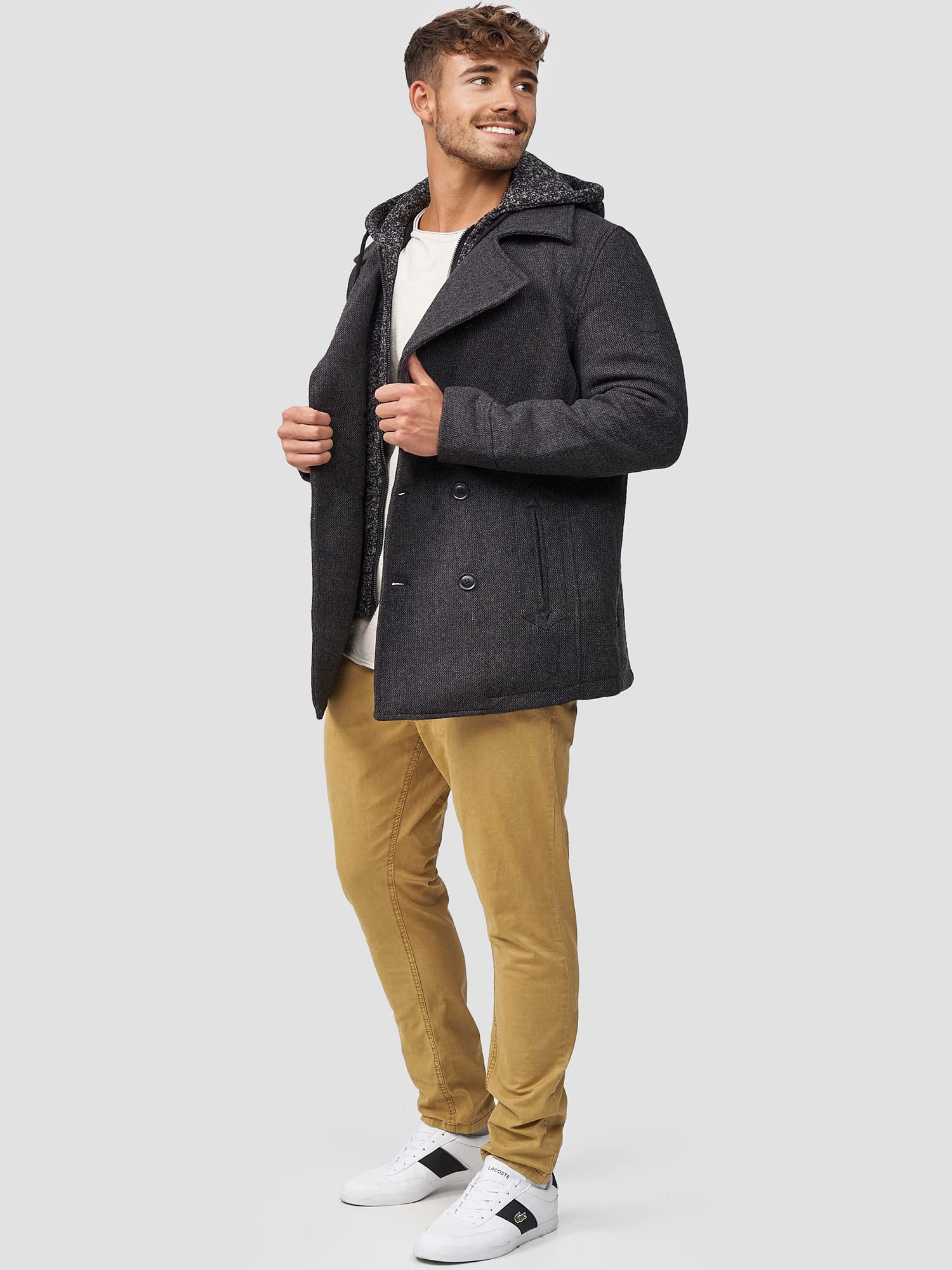 Indicode Herren Cliff Kurzmantel Wollmantel mit Stehkragen und Kapuze | Warmer Herrenmantel für Alltag und Freizeit mit Kapuze, Wintermantel, Outdoorjacke, Freizeitmantel, edler Mantel für Männer