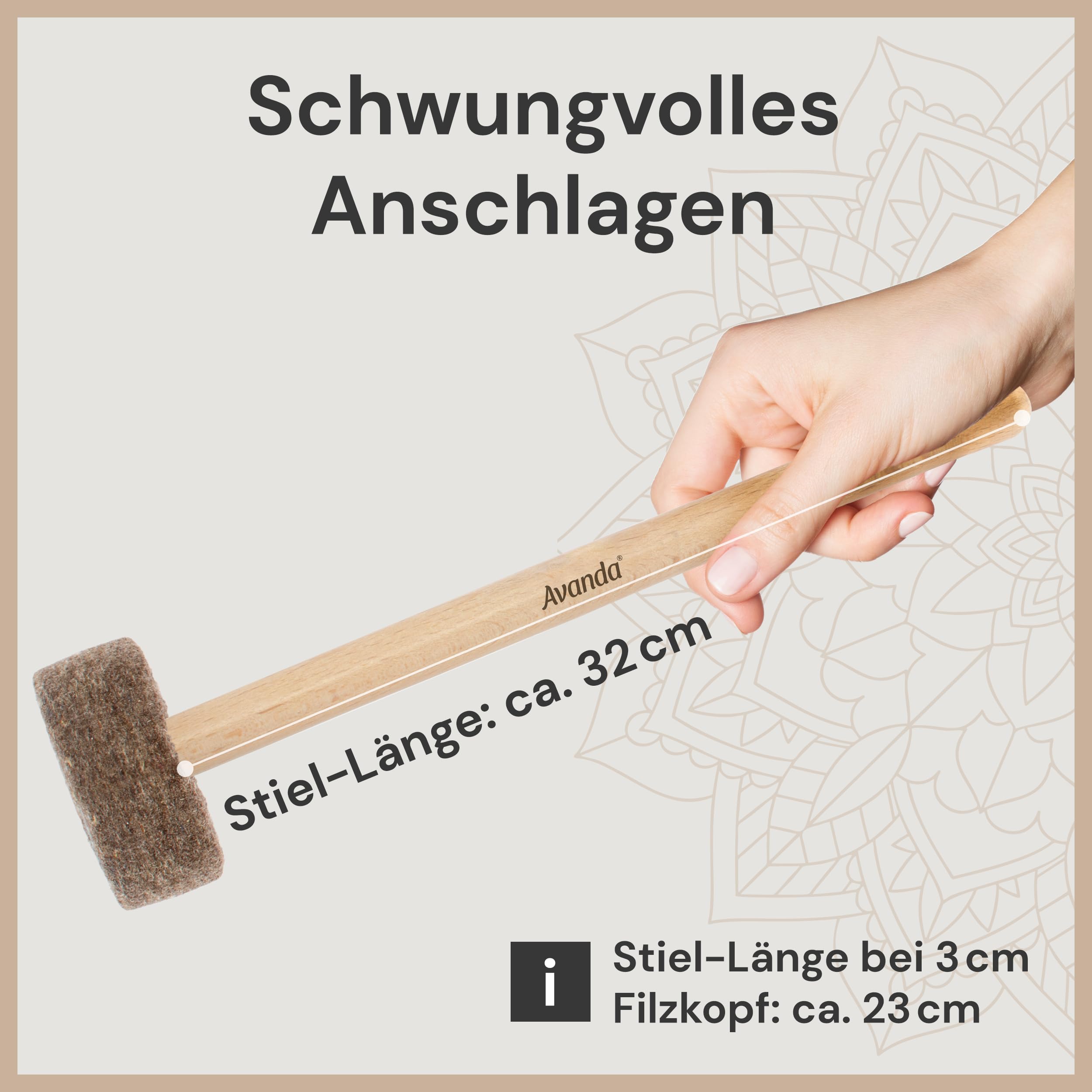 Schlägel/Klöppel mit hartem Filzkopf Ø 3 zum Anschlagen von Klangschalen und Gongs. 23 cm langer Stiel aus natürlichem Rosenholz. Fertigung ohne Schraube. Für professionelle Ansprüche.