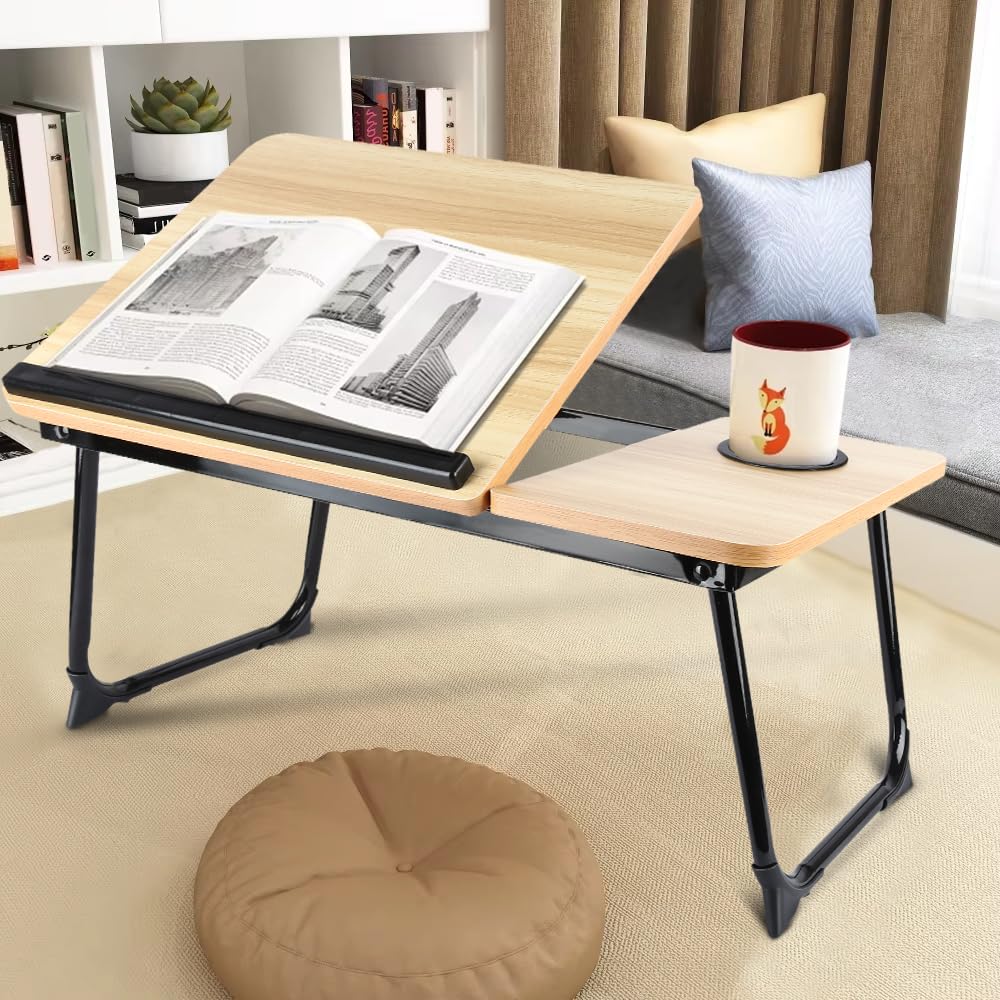 Table de lit Pliable et réglable, Plateau pour Ordinateur Portable avec Plateau inclinable, tiroir, Bureau de lit en Bambou,Support d'Ordinateur (56 * 33 * 24cm)