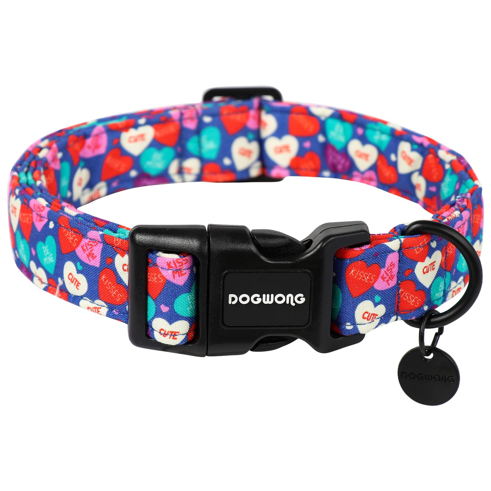 DOGWONG Valentine's Dog Collar - Blue Heart Candy Adjustable Cotton Heart Dog Collar - Perfect for Small to Medium Dogs