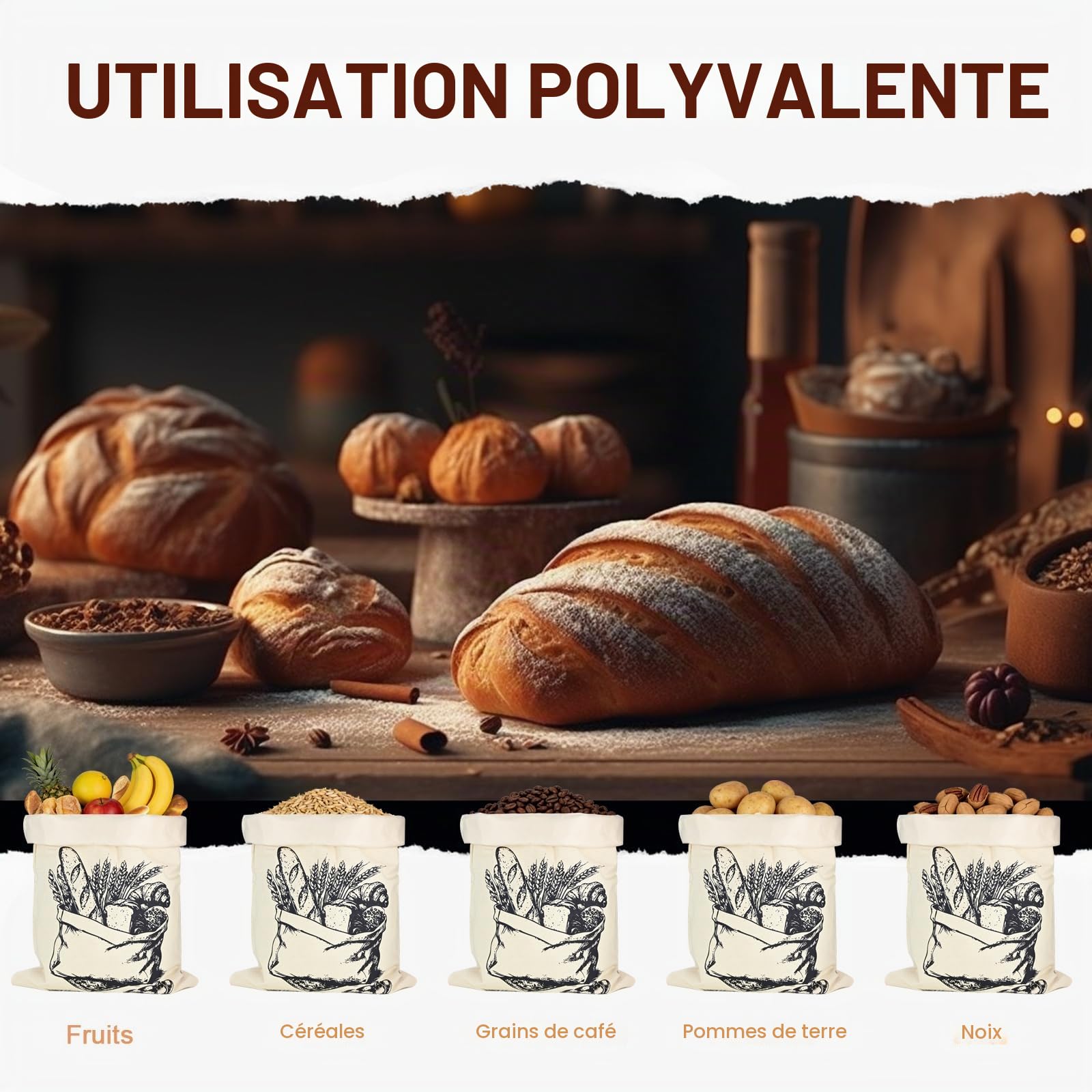Lot de 2 Grands Sac a Pain Cire Abeille en Lin, 45x35 cm Sac à Pain Durable avec Doublure TPU pour Garder, Sacs a Pain Tissu avec Cordon de Serrage Stockage Alimentaire et Transport