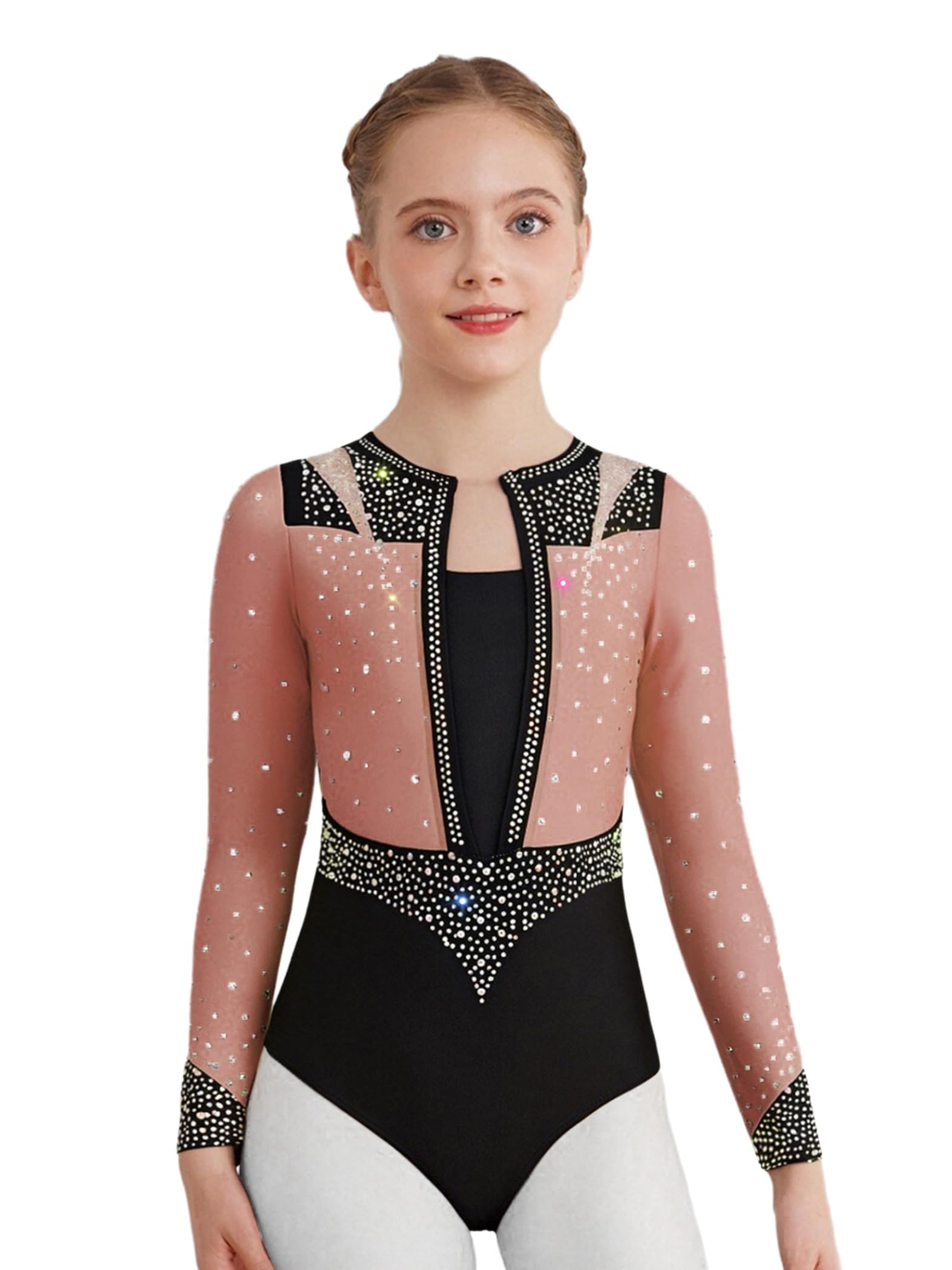3Pcs Mädchen Turnanzug Glitzer Gymnastikanzug Langarm Ballettanzug Gymnastik Leotard + Sport BH Tops + Hose Wettbewerb Tanzkostüm