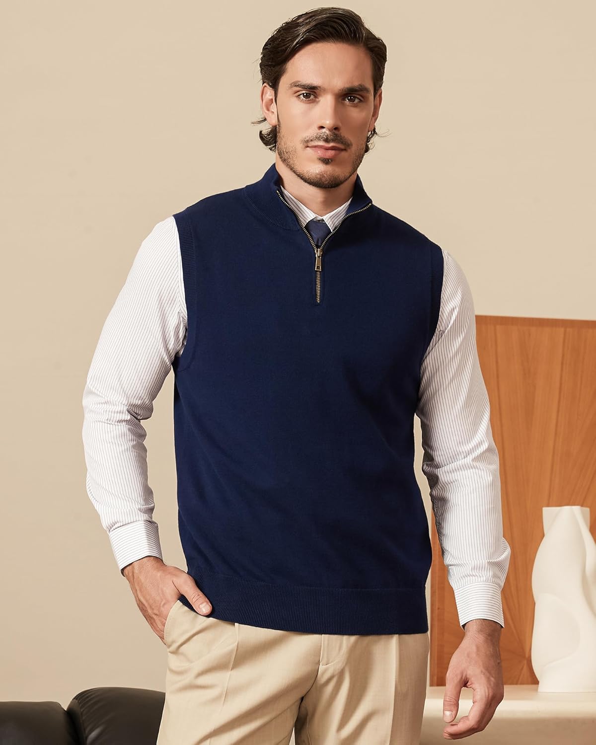 Kallspin Men’s Pure Cotton Quarter Zipper Sweater Vest V-Neck Lightweight Sleeveless Knitted Pullover - Image 5