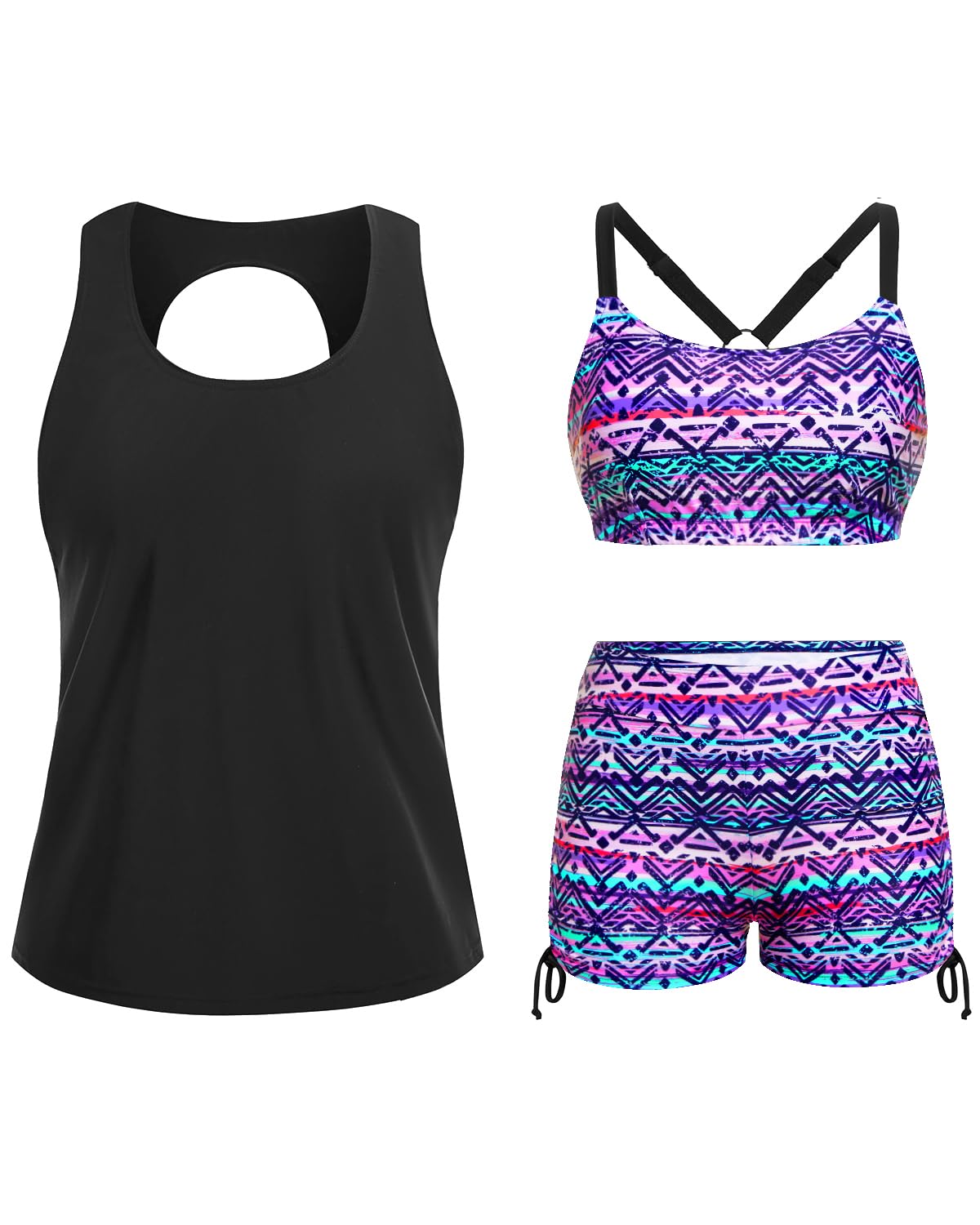 Yonique 3 Piece Womens Tankini Swimsuits with Shorts Athletic Bathing Suits Tank Tops with Bra and Boyshorts