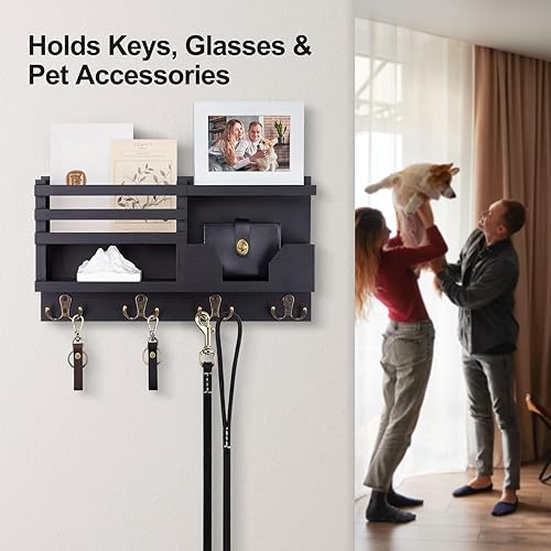 Miniatura 3 de Soporte decorativo para correo y llaves para pared, organizador decorativo de entrada de 15.9 x 8.7 x 3.2 pulgadas con estante, madera de paulownia