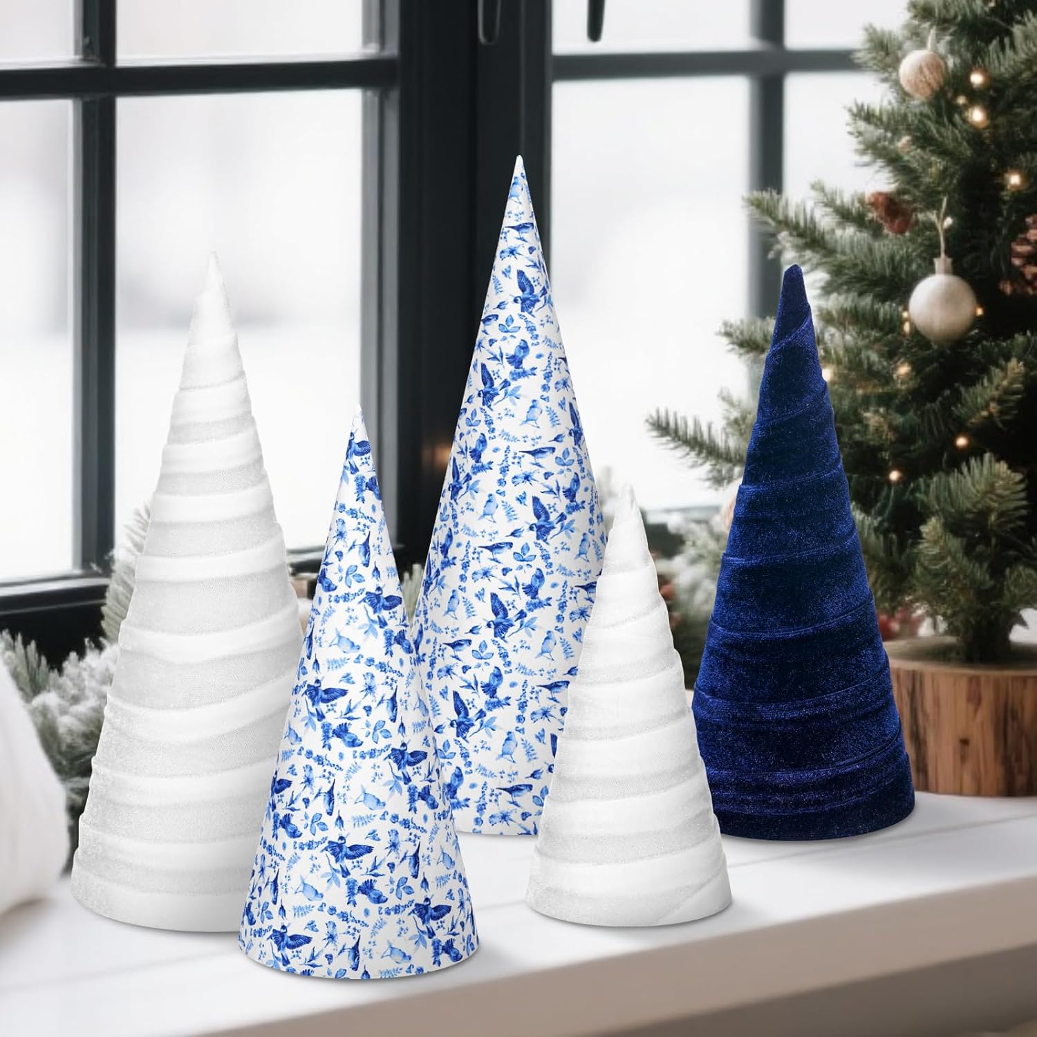 5 Pcs Blue and White Chinoiserie Christmas Cone Trees Floral Velvet Table Tree Decoration 10" 8" 6" Table Centerpiece Tabletop Tiered Tray Decorations for Xmas Parties and Homes - Image 4