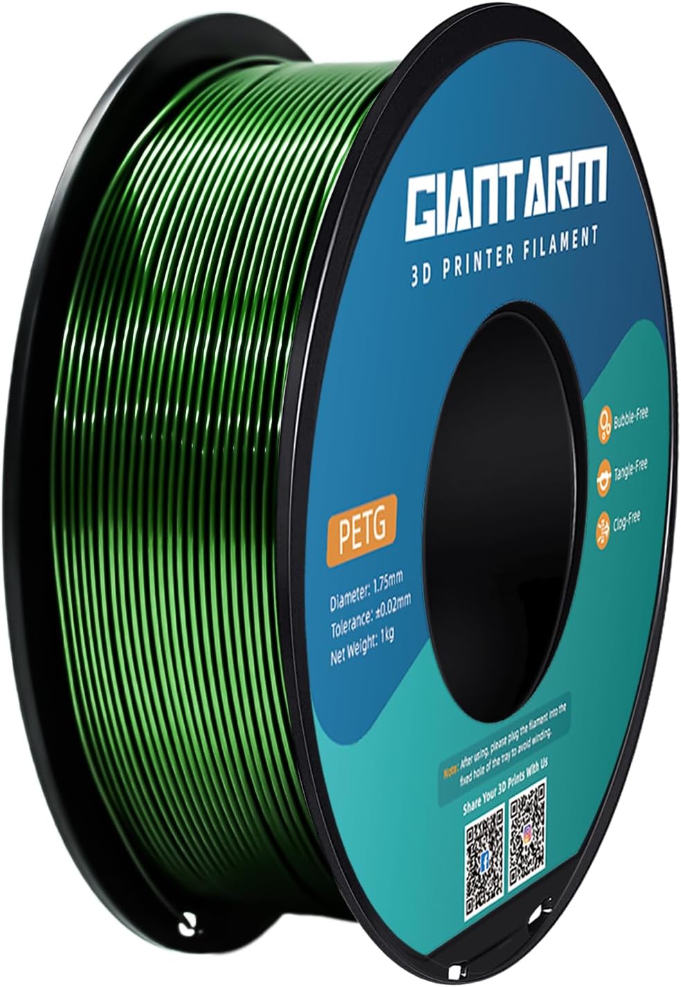 GIANTARM Metallic Green PETG Filament, PETG 3D Printer Filament 1.75mm, Dimensional Accuracy +/-0.02mm, 1kg (2.2lbs), Vacuum Packaging, Fit for Most 3D FDM Printer (Metallic Green)