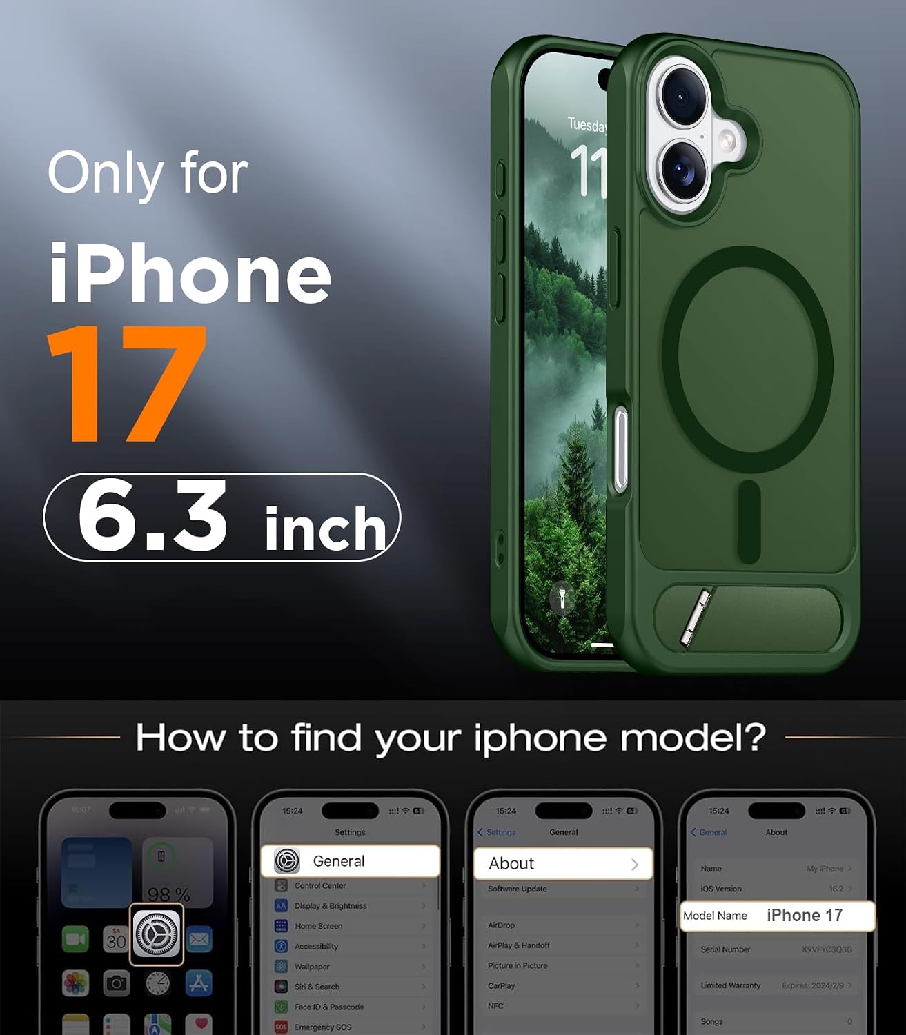 Designed for iPhone 17 Case, [Built-in Invisible Kickstand][Compatible with MagSafe][Military Grade Shockproof] Slim Translucent Matte Phone Case for iPhone 17 6.3 inch (Forest Green)