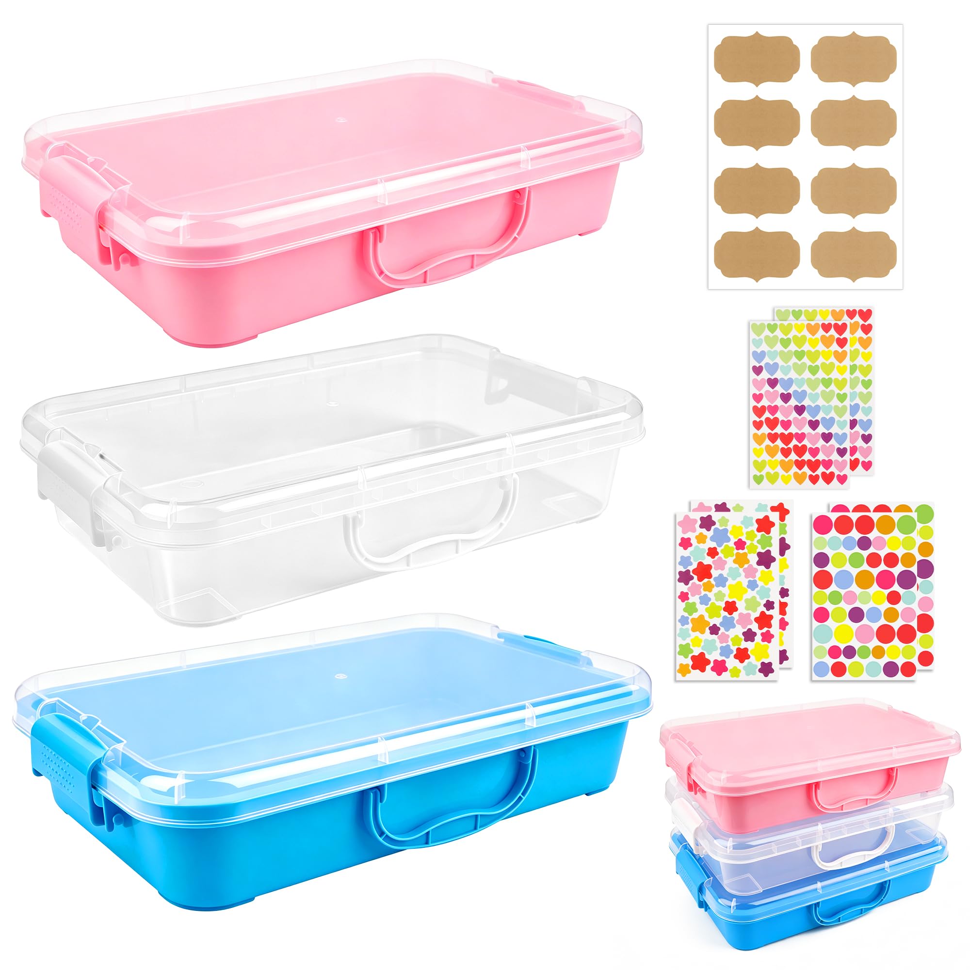 3+7 Pcs Sensory Bin Sand Tray with Lid & 7 Stickers，4 Qt (3.8L) Stackable Storage Containers, Sensory Bin Containers, Organizers for Toys, Sand, Arts, Crafts-Portable Sandbox Toy