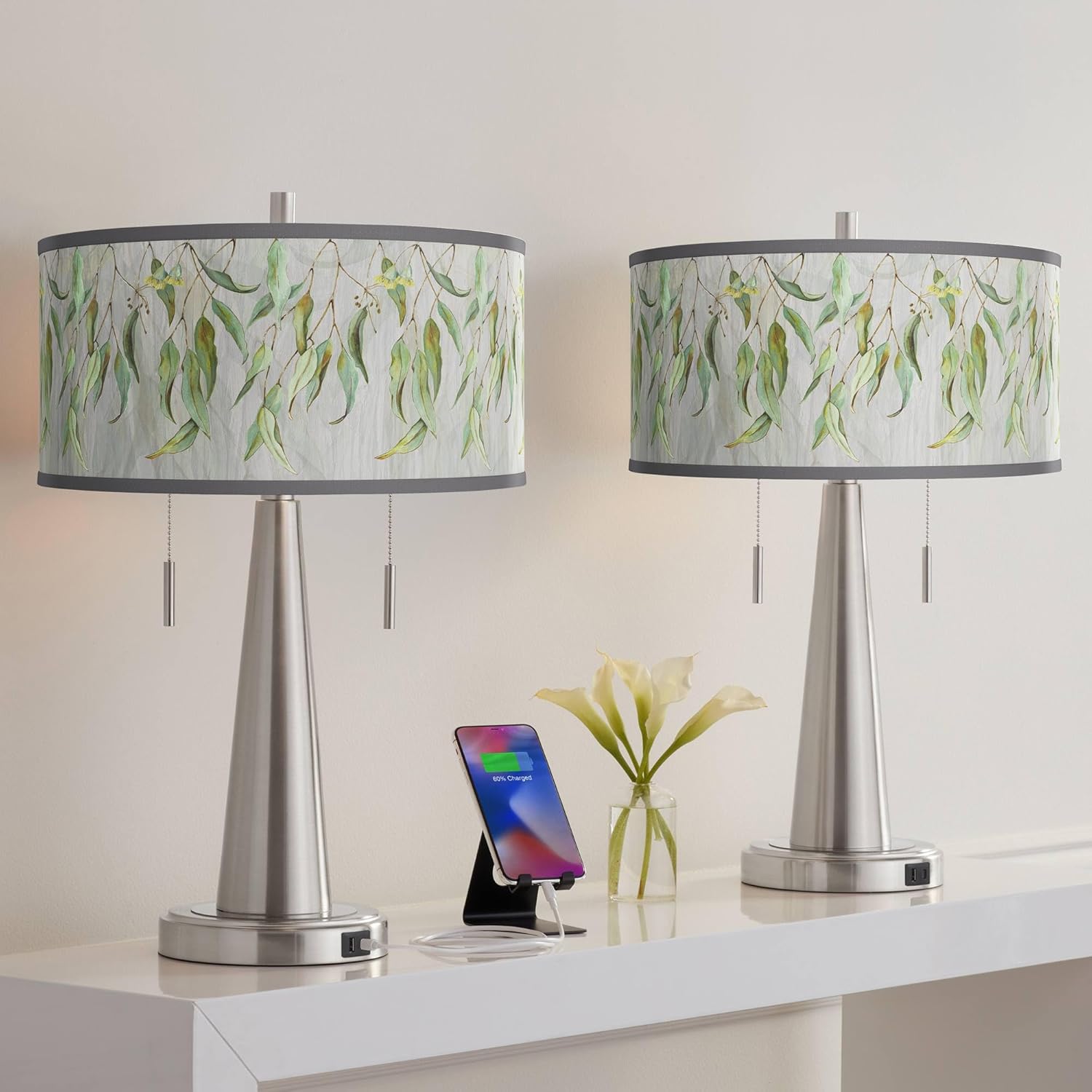 Giclee Glow Eucalyptus Vicki Brushed Nickel USB Table Lamps Set of 2 with Print Shade