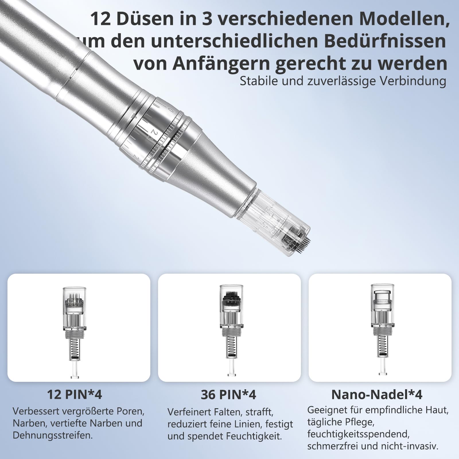 Elektrische Microneedling Pen mit 12 Nadelköpfe Tragbare,Micro Needle Roller Electric mit mit 7 Farben,9 Stufen,Wiederaufladbar Kabellos Mikronadel Stift