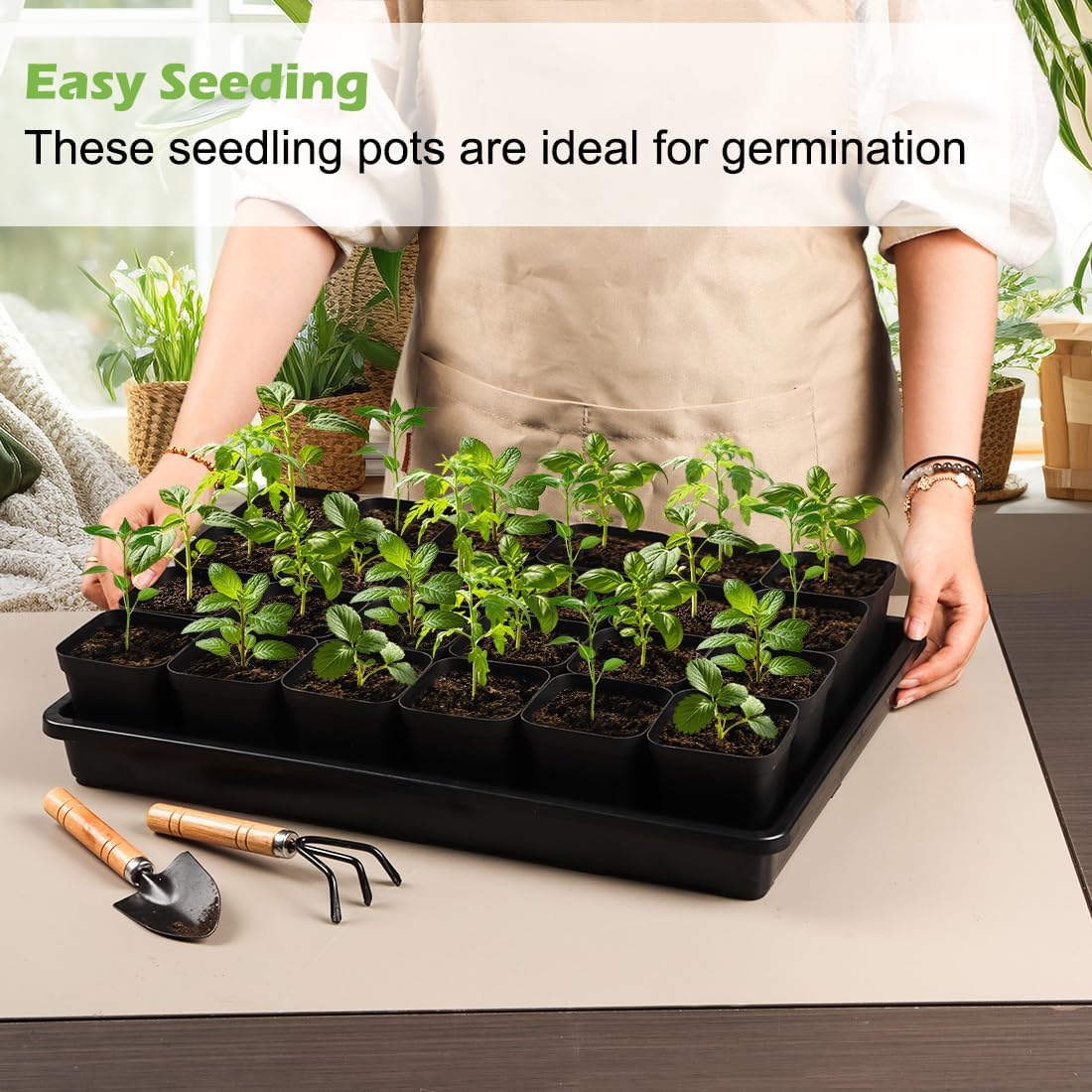 RooTrimmer 2.8 inch (7CM) Square Nursery Pots 120pcs with 5 Pack Seed Starter Trays, Durable Plastic Flat Seedling Tray (17"x11"x2") for Carrying and Holding Plant Nursery Pot (Black)