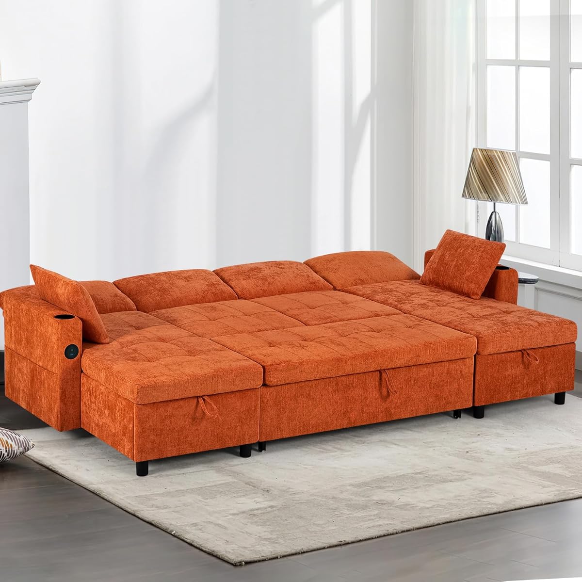 "110" Suede Leather Pull Out Sofa Bed w/ Adjustable Backrest, Sectional Sleeper Couch w/Storage Chaises and Armrest Pillows, U-Shape Sofa Bed w/USB Port for Living Room, House - Thumbnail 4