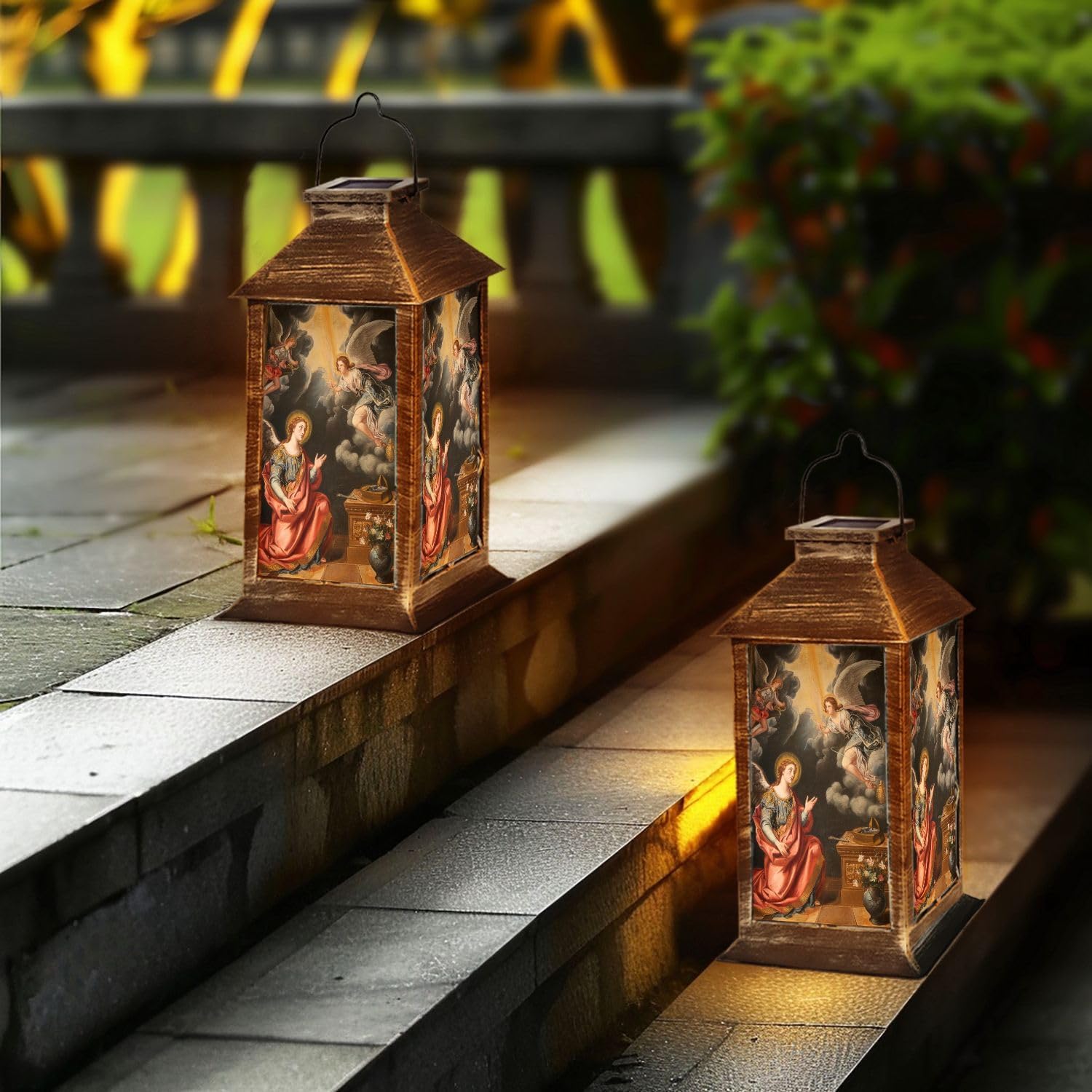 Solar Lantern Parma Painting Annunciation Outdoor Garden Hanging Lantern Waterproof Solar Powered Lighting Outside Table Lamp for Deck Yard Camping Patio Decor
