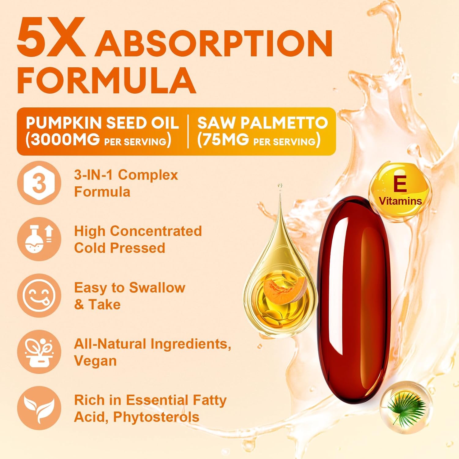 Pumpkin Seed Oil with Saw Palmetto Capsules, High Concentrated Pumpkin Seeds Oil Supplement, Cold Pressed, Supports Hair, Urinary, Bladder & Prostate Health, Vegan, Non-GMO, 360 Softgels