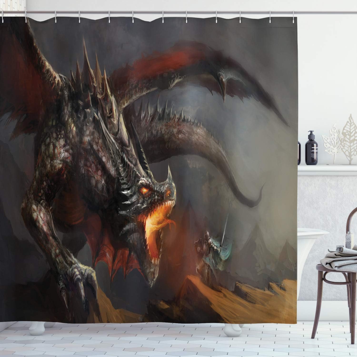 Ambesonne Medieval Shower Curtain, Fantasy Scene Fearless Knight with Dragon Art Antique Fantasy, Cloth Fabric Bathroom Decor Set with Hooks, 69" W x 70" L, Dimgrey Charcoal