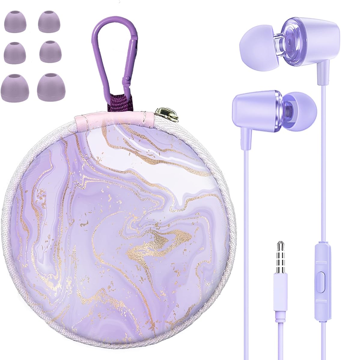Teens Wired Earbuds with Case, 3.5mm Headphones for School, Classic Purple | GOGOSINIS Wired Student Earbuds, with Carabiner Clip to Attach on School Backpack, Small Eartips, for PC and Tablets