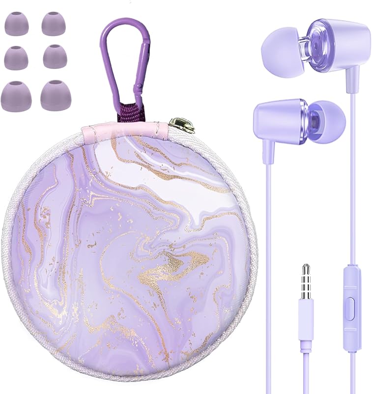 Teens Wired Earbuds with Case, 3.5mm Headphones for School, Classic Purple | GOGOSINIS Wired Student Earbuds, with Carabiner Clip to Attach on School Backpack, Small Eartips, for PC and Tablets