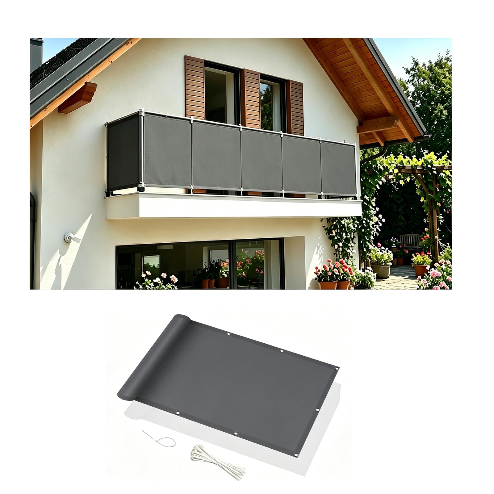 Brise-vue de balcon gris foncé 0.6x8m en toile HDPE 220g/m² résistant aux intempéries