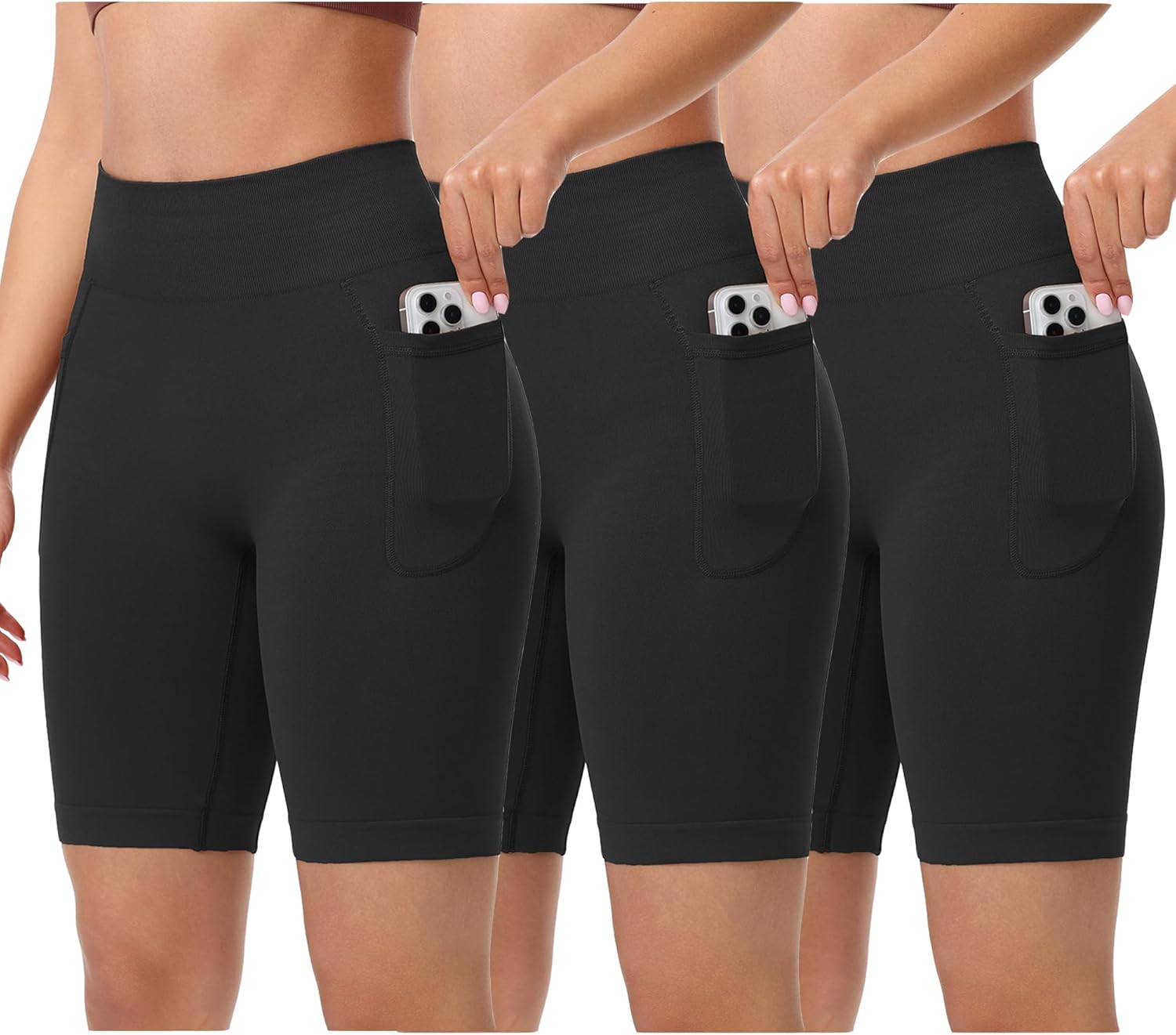 BLUELILY 3 Pack Women's Biker Shorts with Pockets 5" 8" Seamless High Waisted Tummy Control Workout Shorts for Running Gym