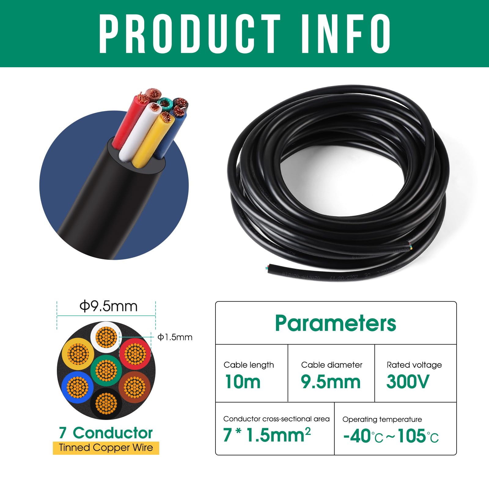 SWAWIS 10m Cavo Elettrico Rotondo per Rimorchio 7 Poli 1.5mm², Guscio in PVC, Anima in Filo di Rame Puro, Bassa Eccentricità, per Rimorchio Veicolo Caravan LKW KFZ