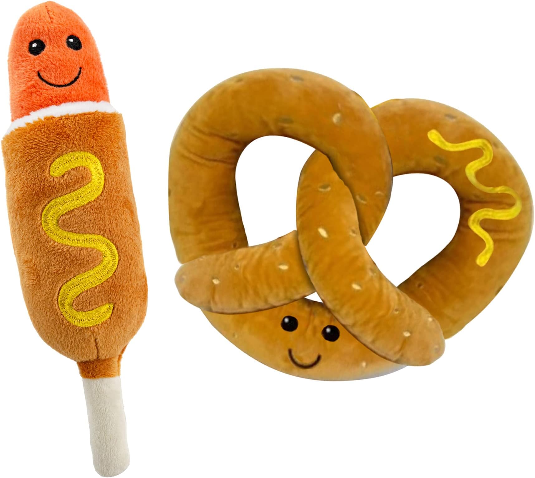 Giftable World Pet Plush Pet Toy Fruits, Cupcakes, Ice Creams, Mug with Squeaker Dog Chew Toy (8" Corn Dog & Pretzel)