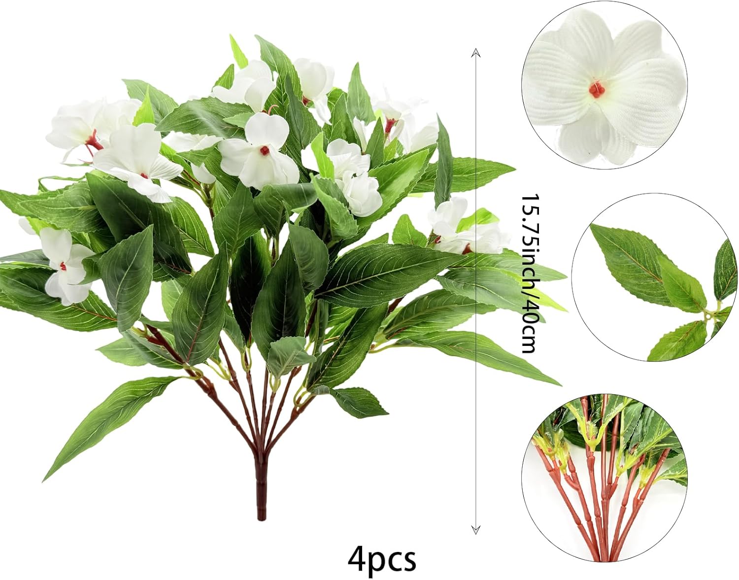 FERIAL 4pcs Artificial Impatiens Bouquet White Faux Impatiens Bushes for Patio Lawn Garden Wedding Photo Outdoors Pot Hanging Basket Porch Decoration