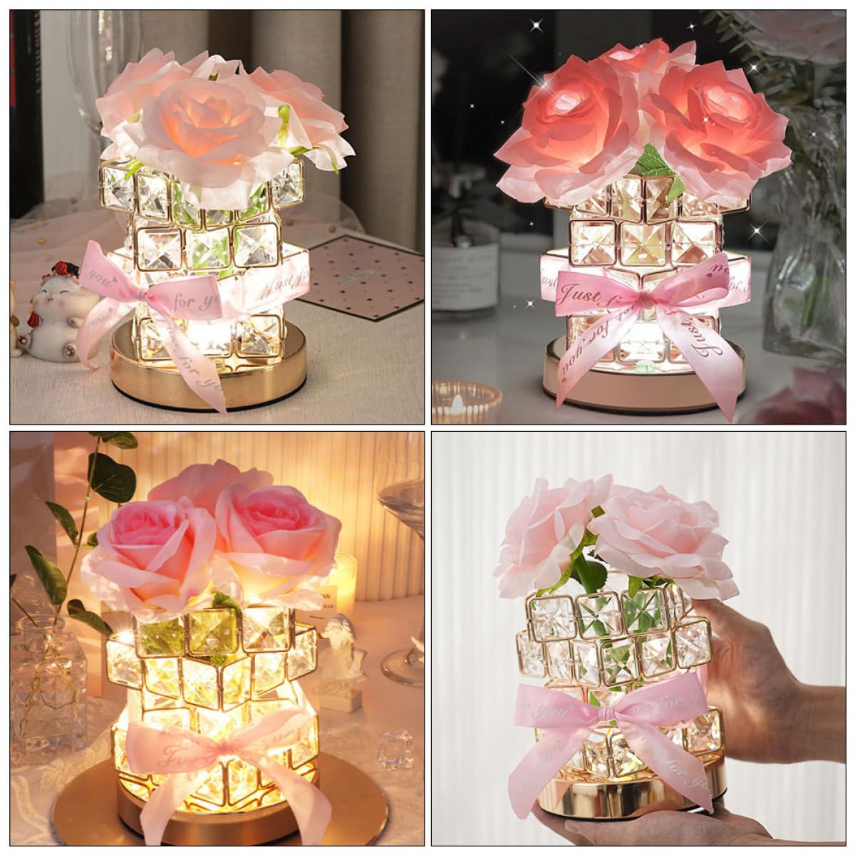 ULTECHNOVO USB Aufladbare Kristall Tischlampe in Rosa mit Blütenform | Sanftes Licht, Legierung und Stoffdetails, Romantisch für Schreibtisch oder Nachttisch