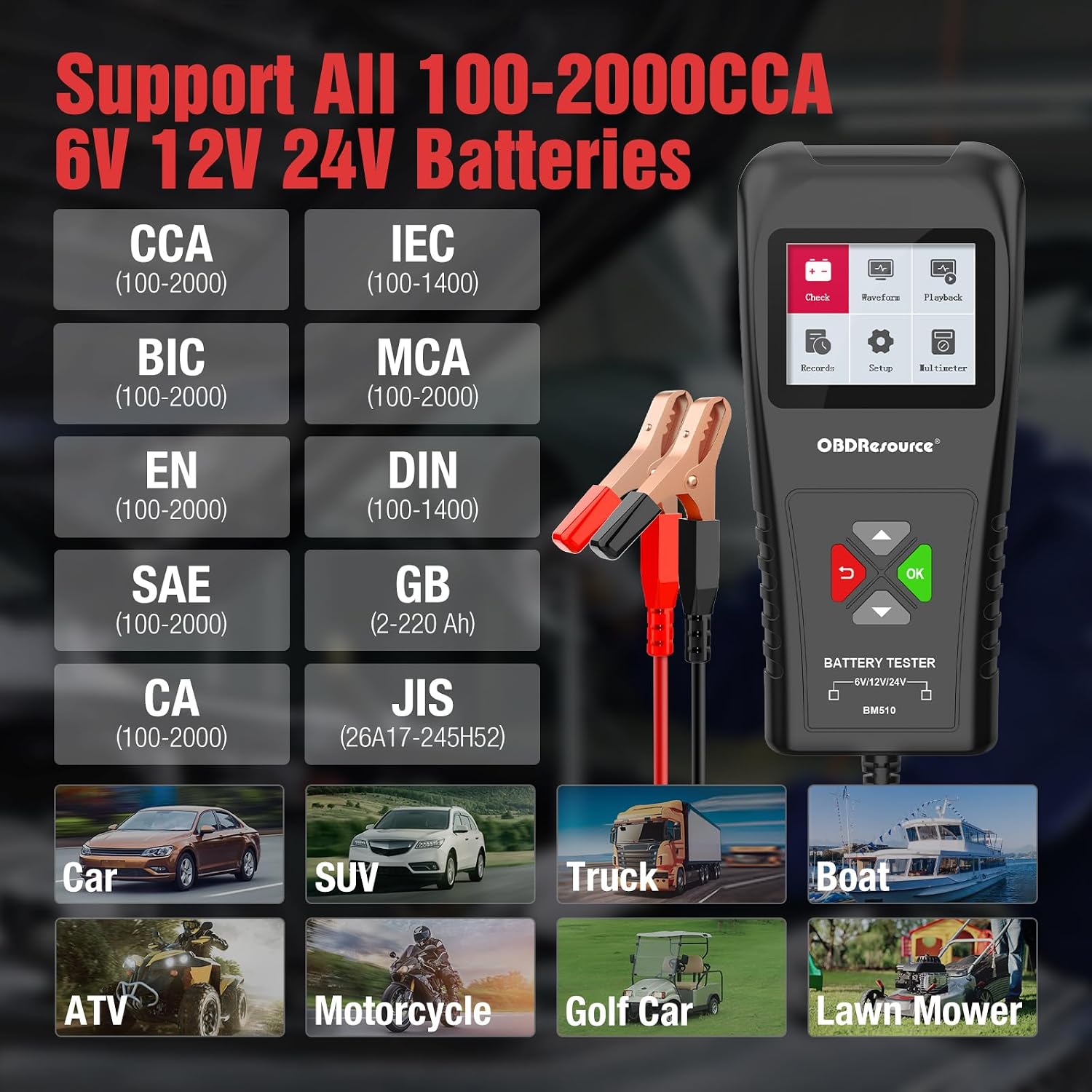 BM510 Battery Load Tester Professional 100-2000CCA for 6V 12V 24V Batteries