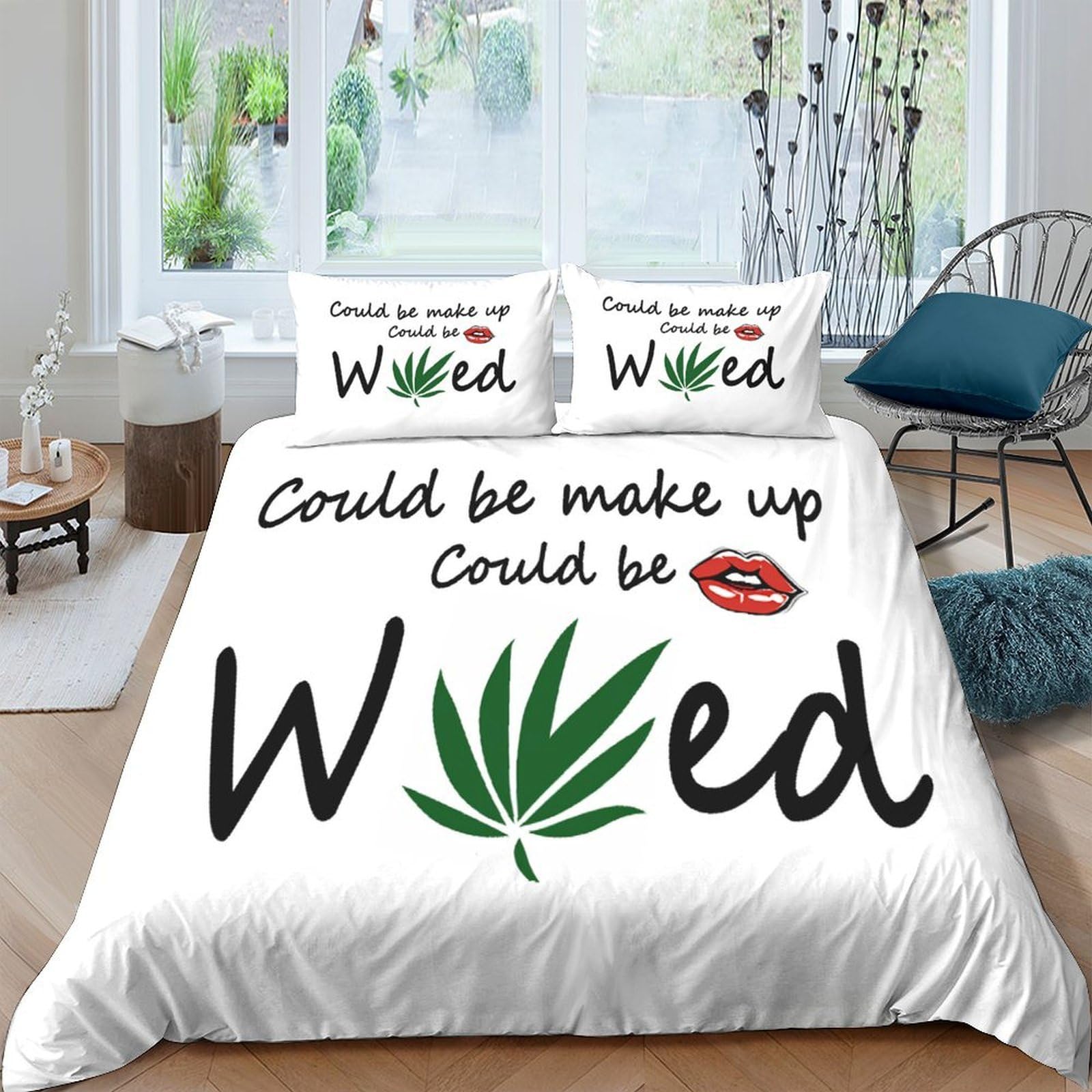 TUFRTGYHN 3D Printed Weed Leaf Duvet Cover Microfiber Soft Breathable Lip Graphic Bedding Set with 2 Pillowcases for Bedroom Decor Single（135x200cm）